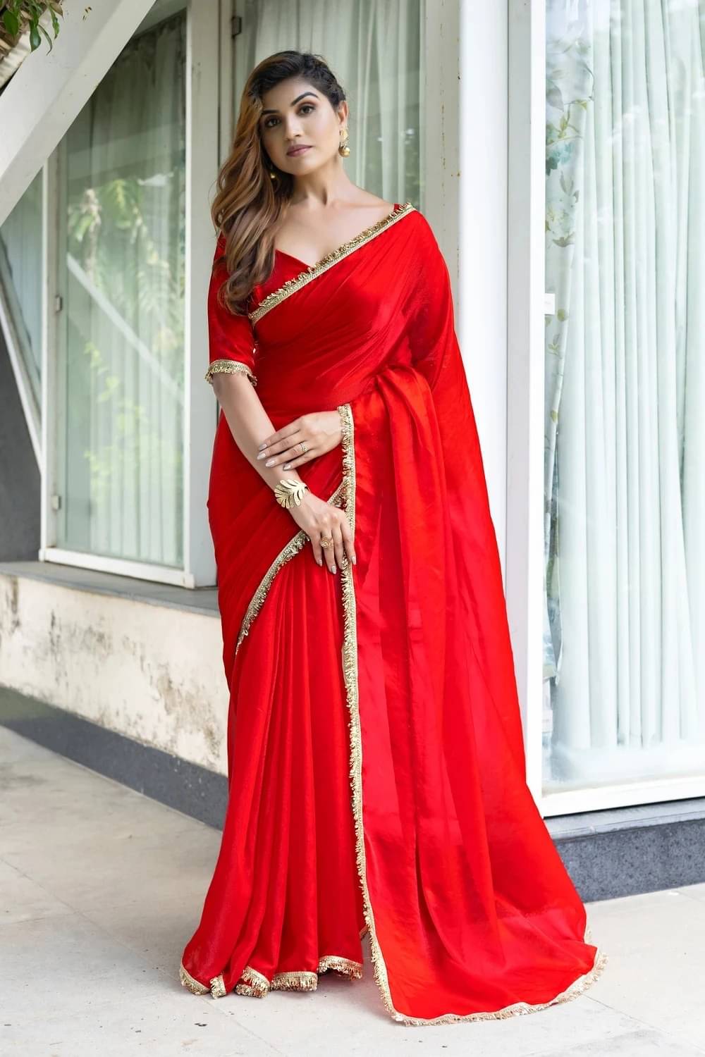     			MAHAVIR CREATION Satin Embellished Regular Saree With Unstitched Blouse Piece ( Red )