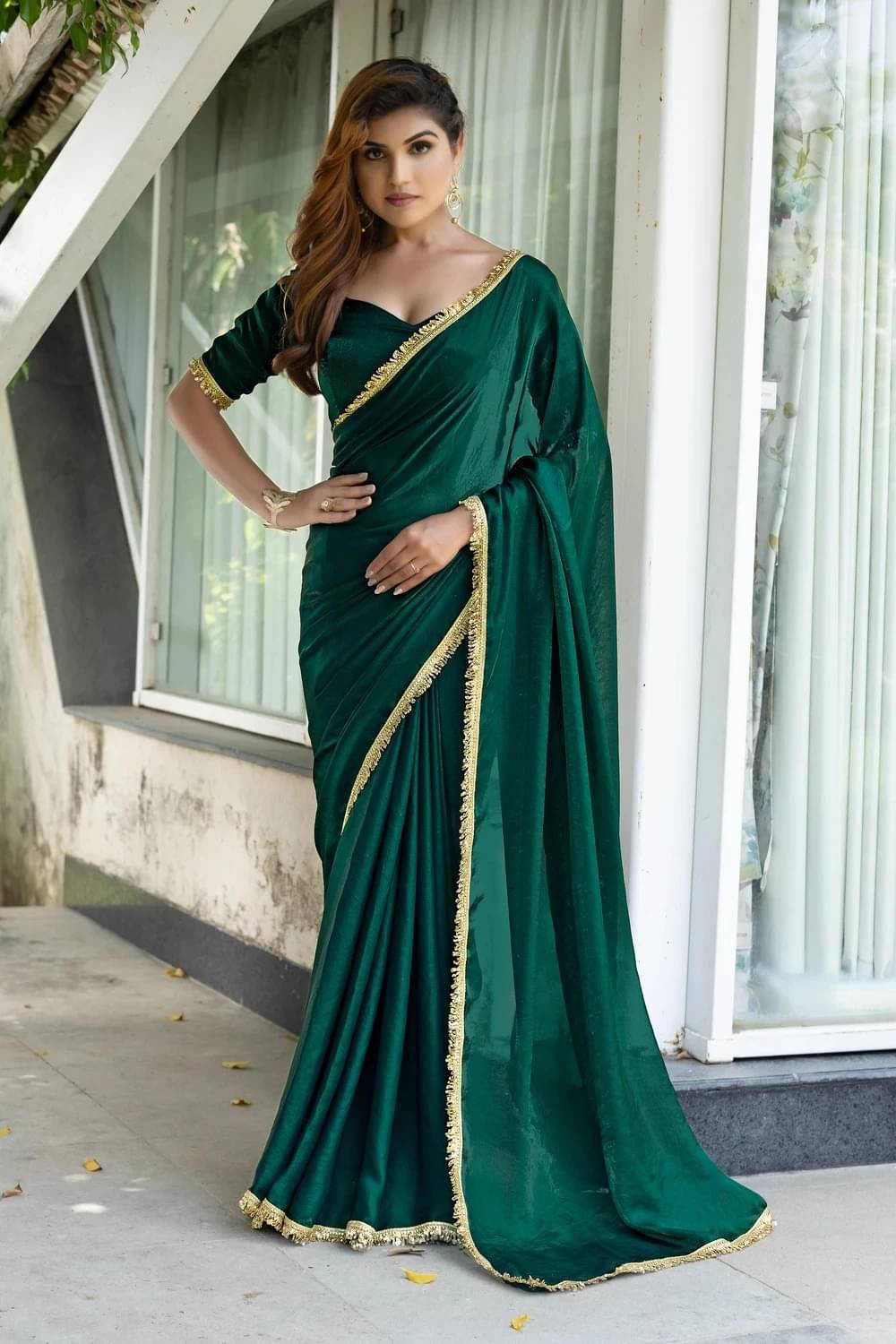     			MAHAVIR CREATION Satin Embellished Regular Saree With Unstitched Blouse Piece ( Green )