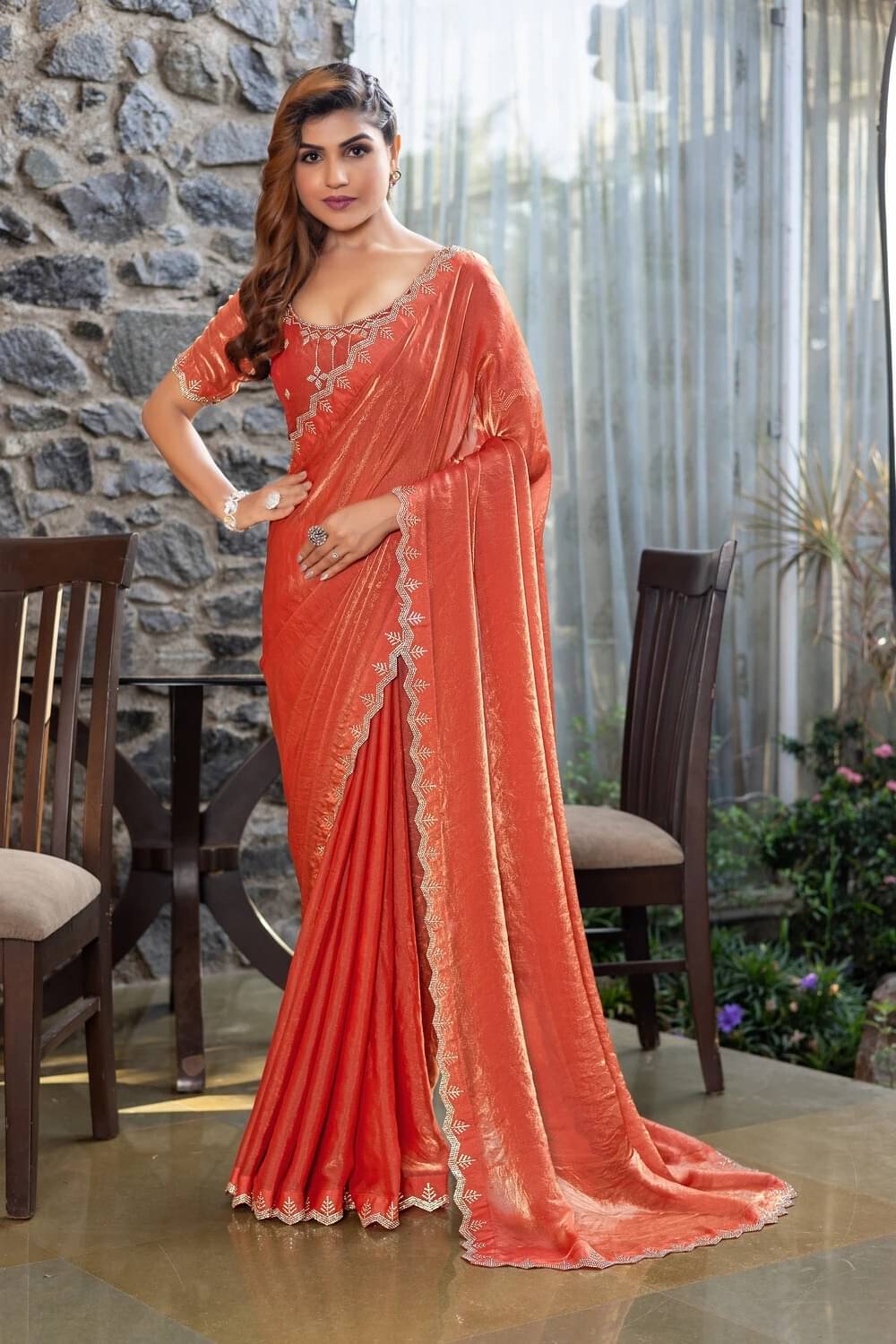     			MAHAVIR CREATION Satin Embellished Regular Saree With Unstitched Blouse Piece ( Orange )