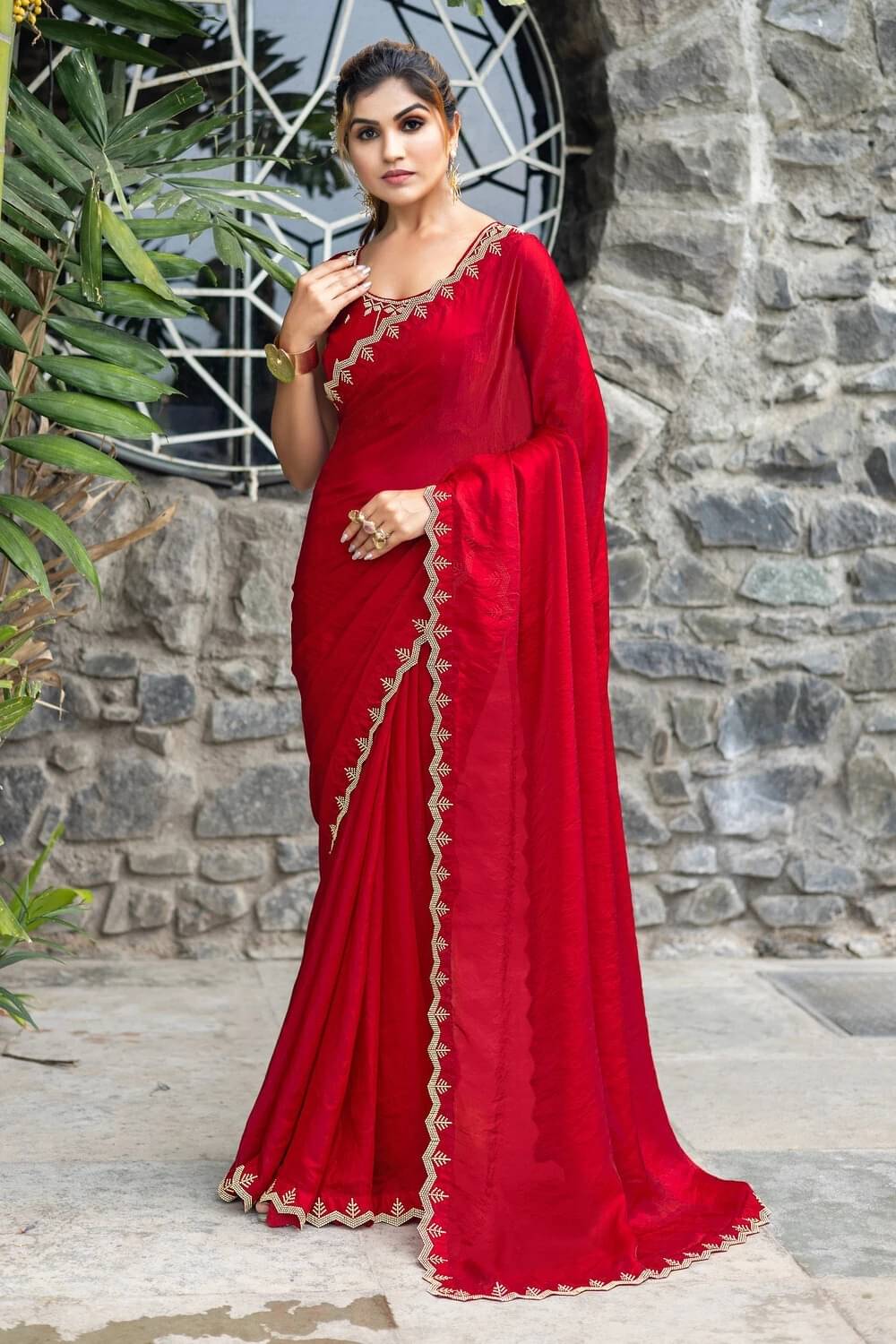 MAHAVIR CREATION Satin Embellished Regular Saree With Unstitched Blouse Piece ( Red ) MAHAVIR CREATION Satin Embellished Regular Saree With Unstitched Blouse Piece ( Red )