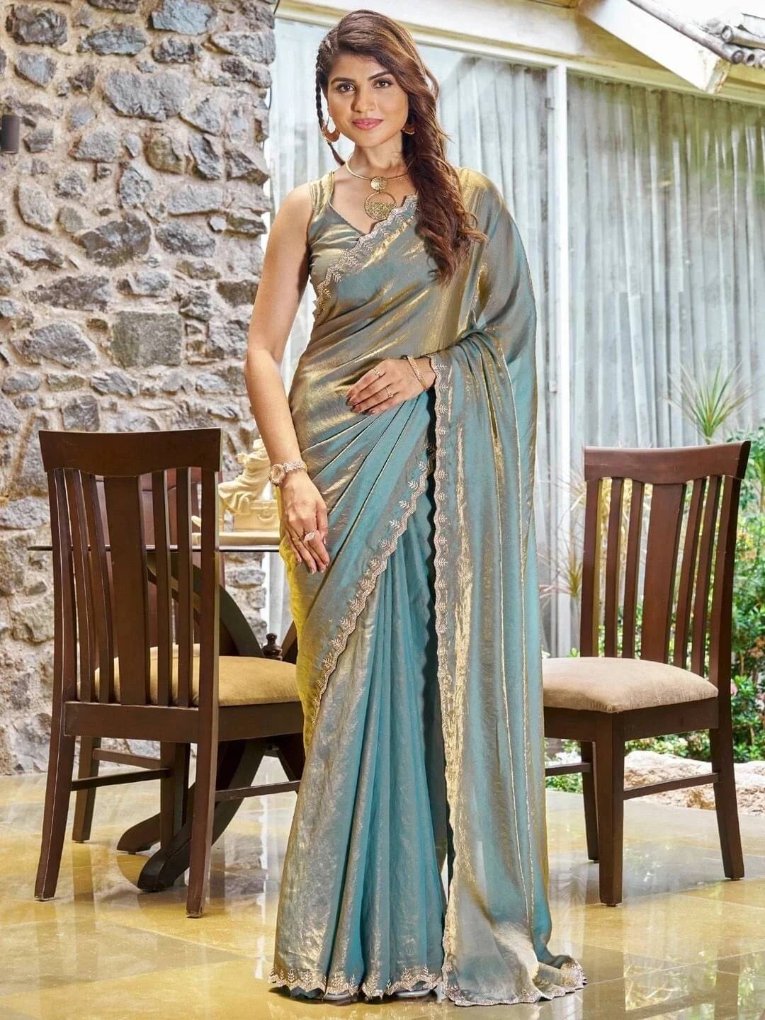 MAHAVIR CREATION Satin Embellished Regular Saree With Unstitched Blouse Piece ( Light Blue ) MAHAVIR CREATION Satin Embellished Regular Saree With Unstitched Blouse Piece ( Light Blue )