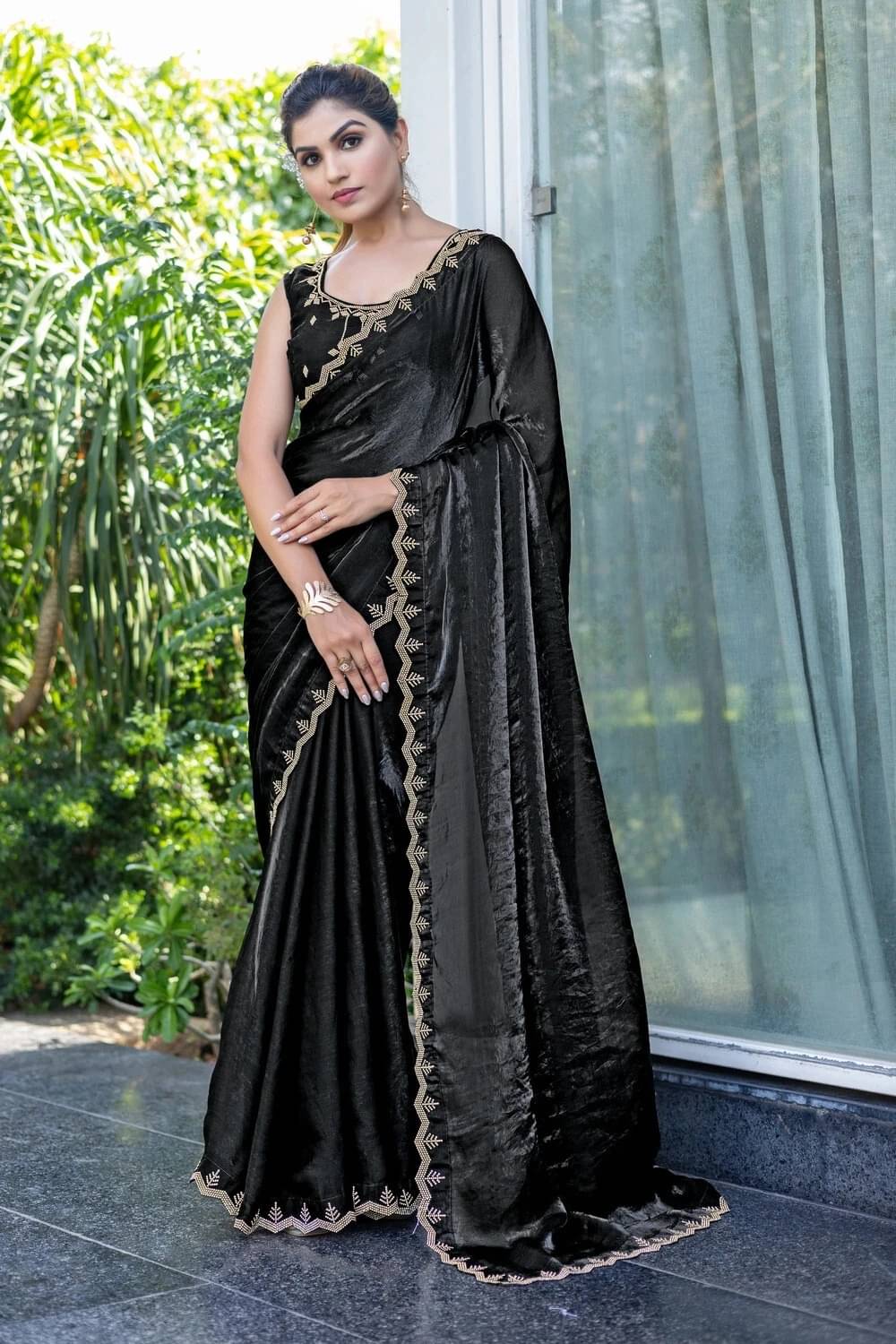     			MAHAVIR CREATION Satin Embellished Regular Saree With Unstitched Blouse Piece ( Black )