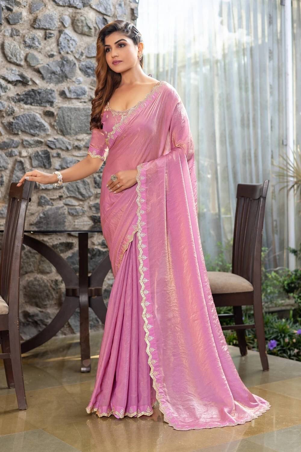 MAHAVIR CREATION Satin Embellished Regular Saree With Unstitched Blouse Piece ( Pink ) MAHAVIR CREATION Satin Embellished Regular Saree With Unstitched Blouse Piece ( Pink )