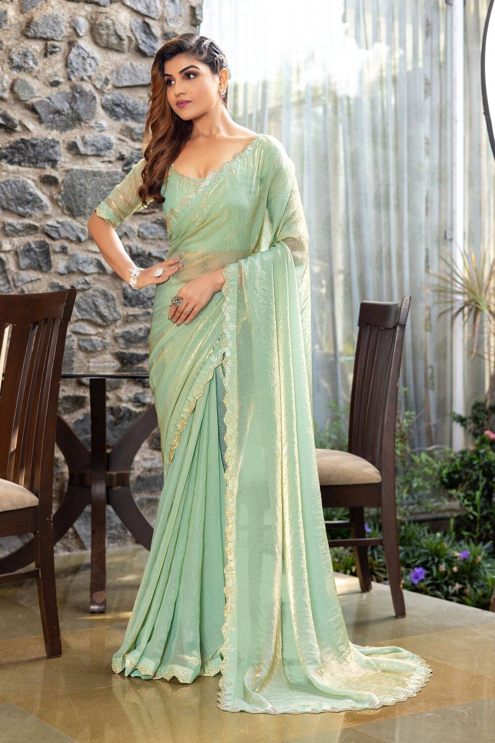    			MAHAVIR CREATION Satin Embellished Regular Saree With Unstitched Blouse Piece ( Light Green )