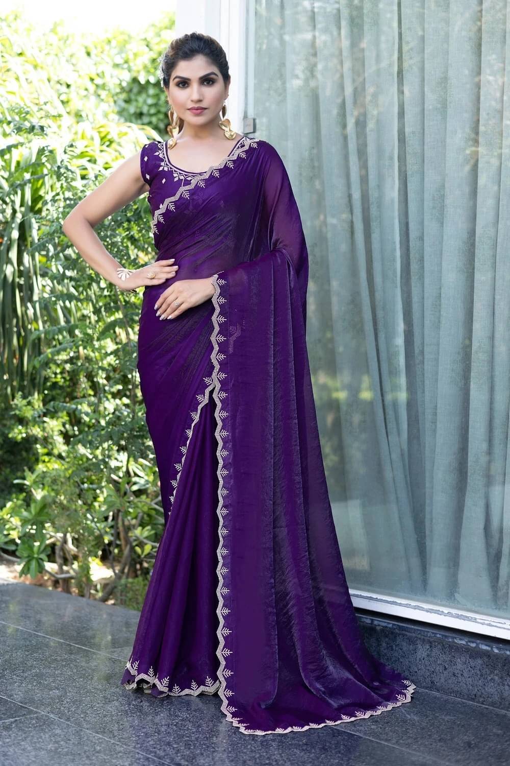 MAHAVIR CREATION Satin Embellished Regular Saree With Unstitched Blouse Piece ( Purple ) MAHAVIR CREATION Satin Embellished Regular Saree With Unstitched Blouse Piece ( Purple )