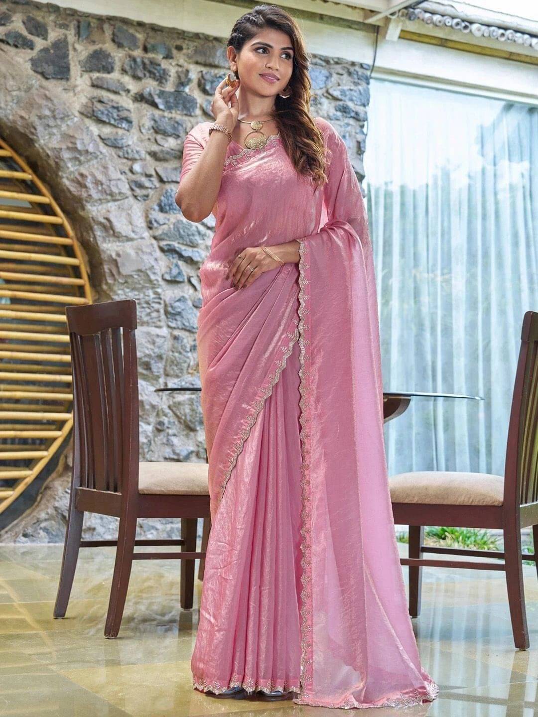     			MAHAVIR CREATION Satin Embellished Regular Saree With Unstitched Blouse Piece ( Pink )