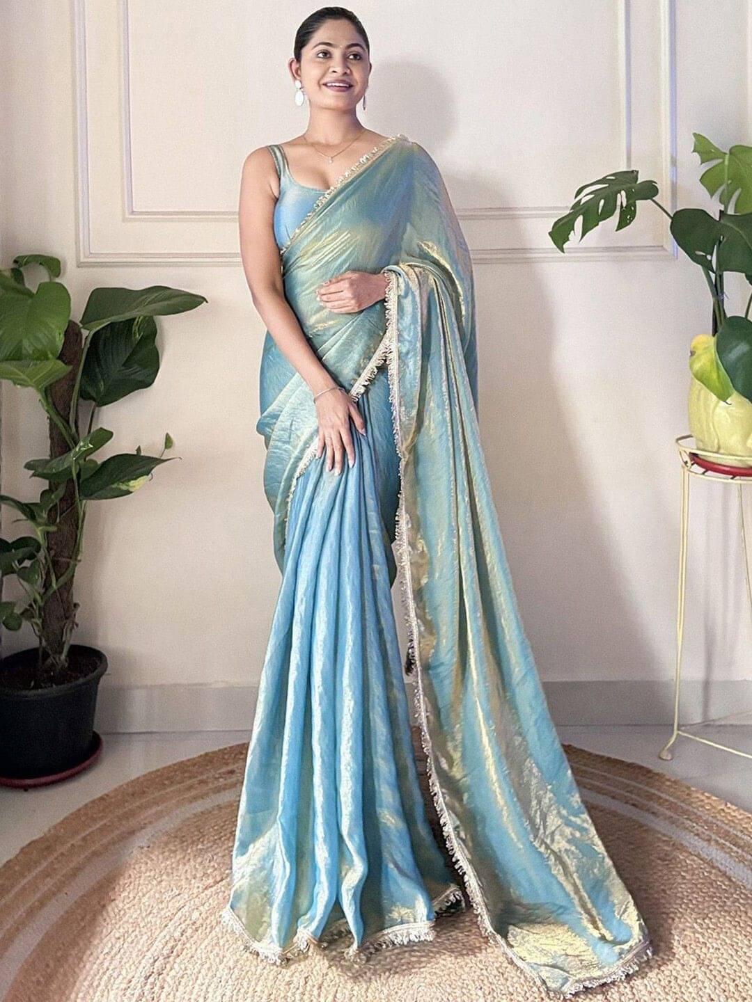     			MAHAVIR CREATION Satin Embellished Regular Saree With Unstitched Blouse Piece ( Light Blue )