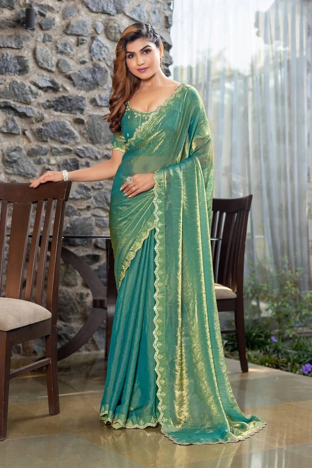 MAHAVIR CREATION Satin Embellished Regular Saree With Unstitched Blouse Piece ( Green ) MAHAVIR CREATION Satin Embellished Regular Saree With Unstitched Blouse Piece ( Green )