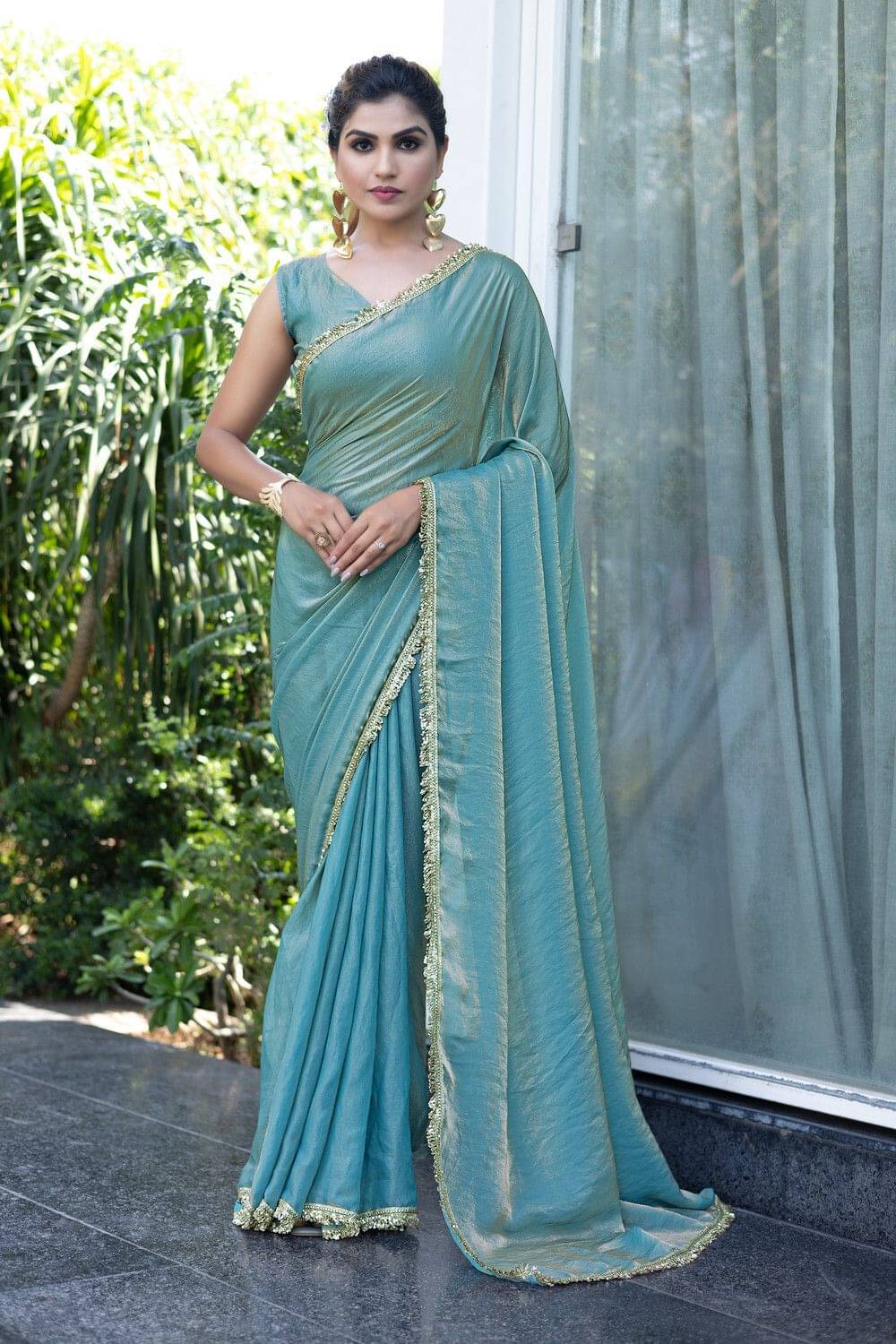 MAHAVIR CREATION Satin Embellished Regular Saree With Unstitched Blouse Piece ( Light Blue ) MAHAVIR CREATION Satin Embellished Regular Saree With Unstitched Blouse Piece ( Light Blue )