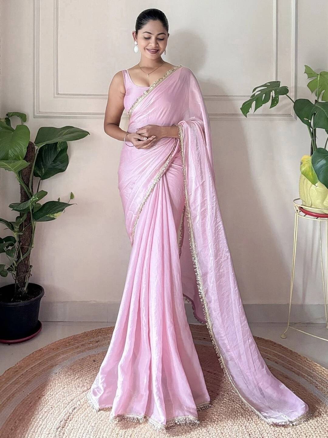 MAHAVIR CREATION Satin Embellished Regular Saree With Unstitched Blouse Piece ( Pink ) MAHAVIR CREATION Satin Embellished Regular Saree With Unstitched Blouse Piece ( Pink )