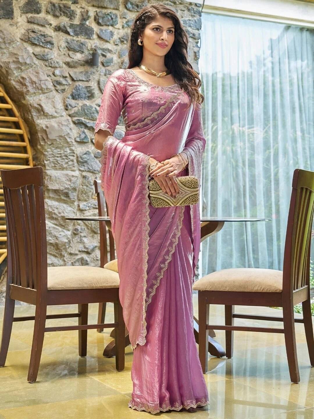 MAHAVIR CREATION Satin Embellished Regular Saree With Unstitched Blouse Piece ( Pink ) MAHAVIR CREATION Satin Embellished Regular Saree With Unstitched Blouse Piece ( Pink )