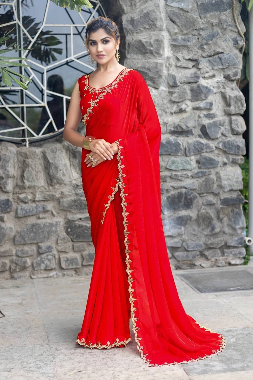 MAHAVIR CREATION Satin Embellished Regular Saree With Unstitched Blouse Piece ( Red ) MAHAVIR CREATION Satin Embellished Regular Saree With Unstitched Blouse Piece ( Red )