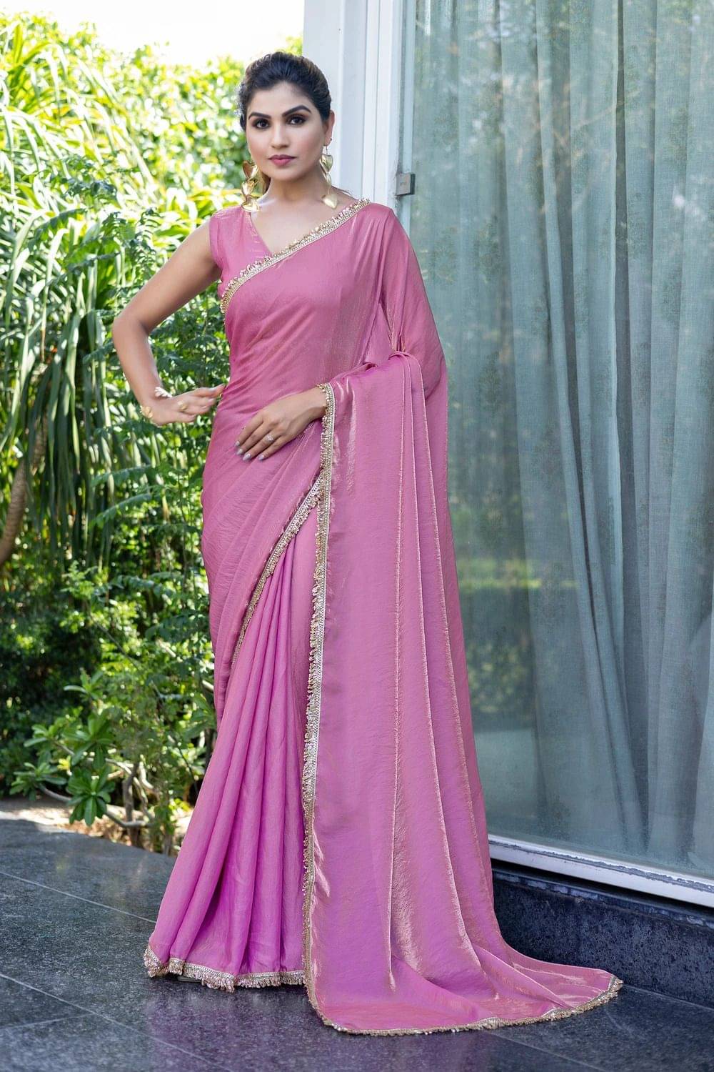 MAHAVIR CREATION Satin Embellished Regular Saree With Unstitched Blouse Piece ( Pink ) MAHAVIR CREATION Satin Embellished Regular Saree With Unstitched Blouse Piece ( Pink )