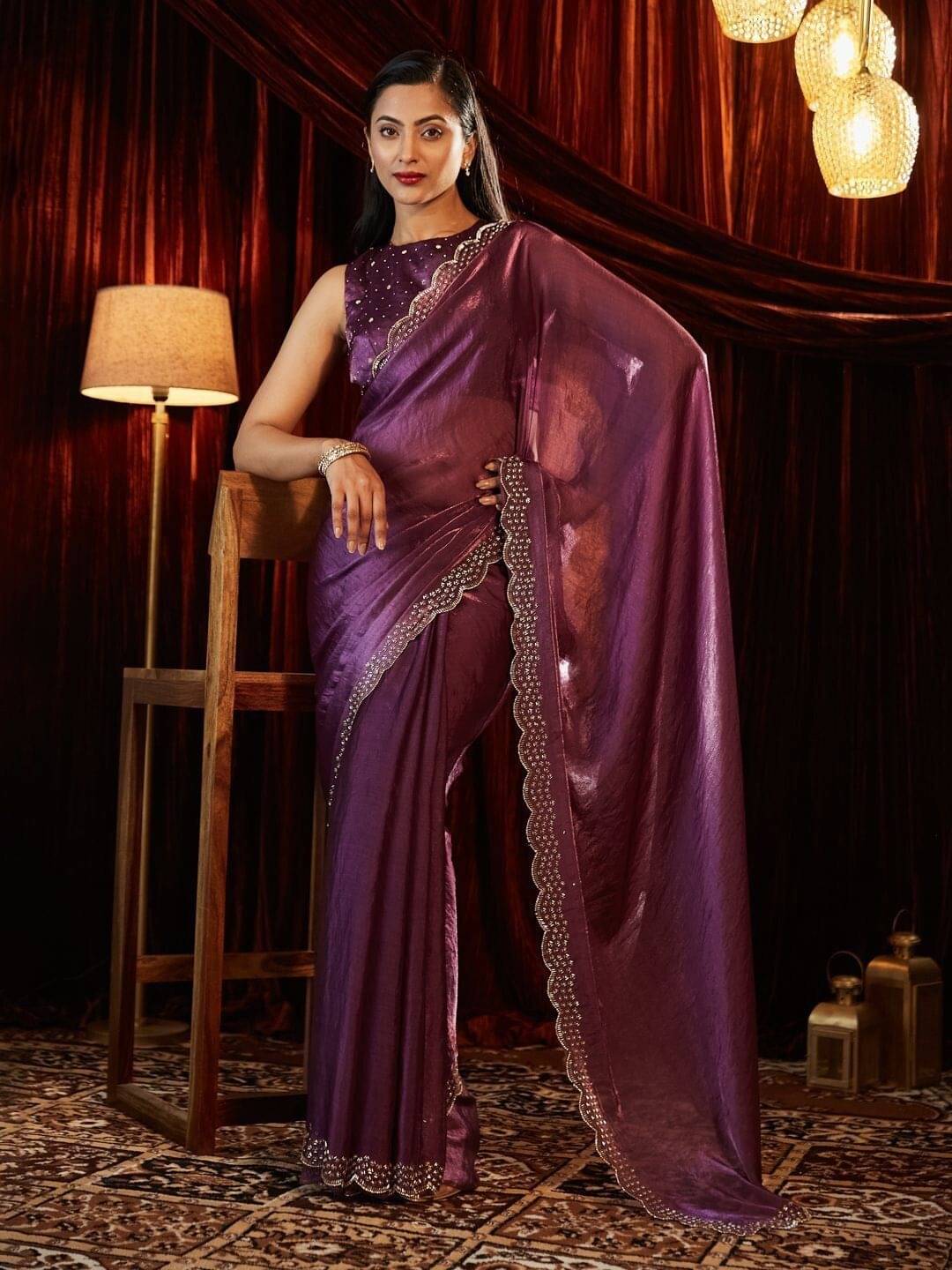MAHAVIR CREATION Satin Solid Regular Saree With Unstitched Blouse Piece ( Purple ) MAHAVIR CREATION Satin Solid Regular Saree With Unstitched Blouse Piece ( Purple )