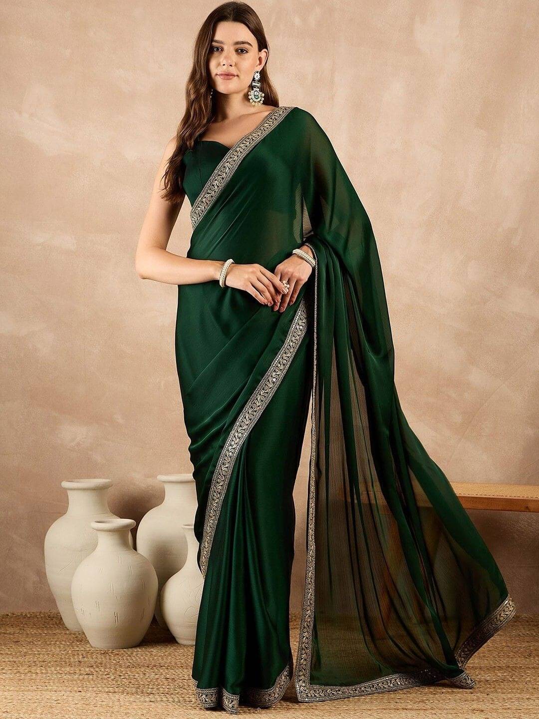 MAHAVIR CREATION Satin Solid Regular Saree With Unstitched Blouse Piece ( Green ) MAHAVIR CREATION Satin Solid Regular Saree With Unstitched Blouse Piece ( Green )