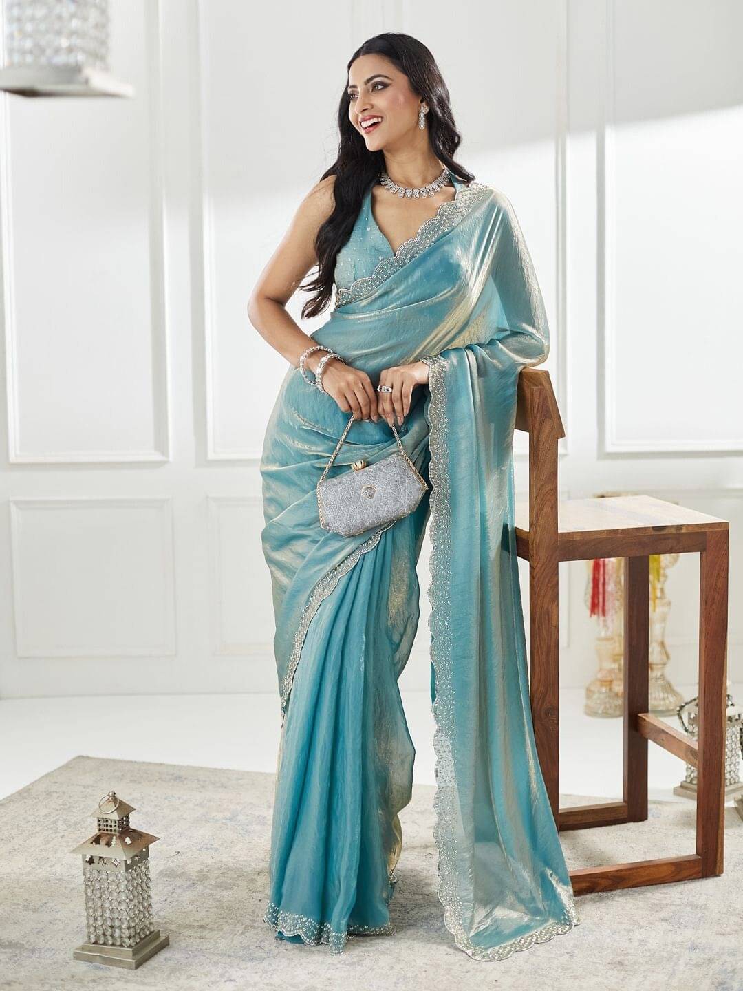 MAHAVIR CREATION Satin Solid Regular Saree With Unstitched Blouse Piece ( Light Blue ) MAHAVIR CREATION Satin Solid Regular Saree With Unstitched Blouse Piece ( Light Blue )