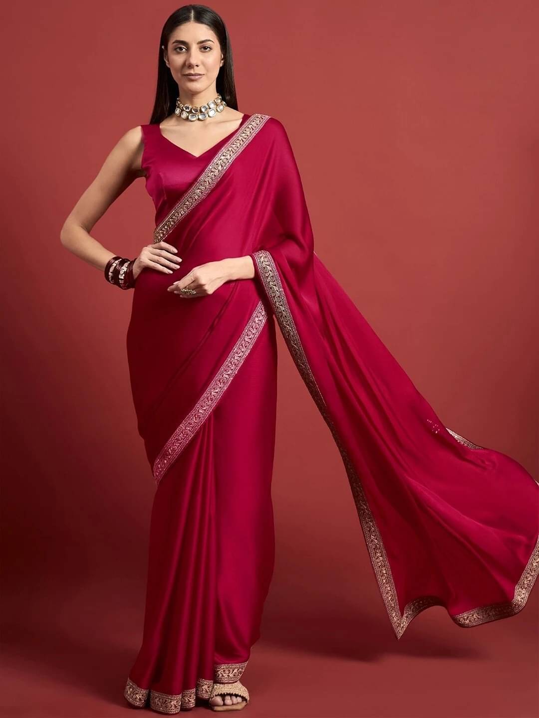     			MAHAVIR CREATION Satin Solid Regular Saree With Unstitched Blouse Piece ( Pink )