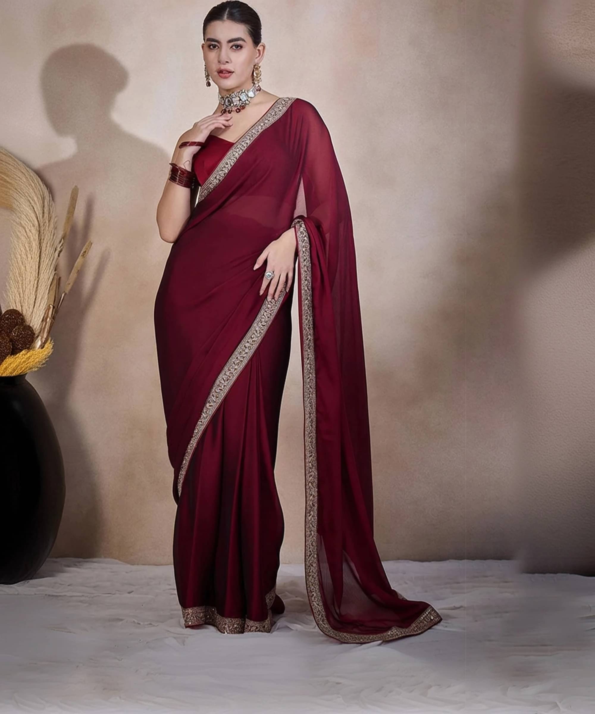     			MAHAVIR CREATION Satin Solid Regular Saree With Unstitched Blouse Piece ( Maroon )