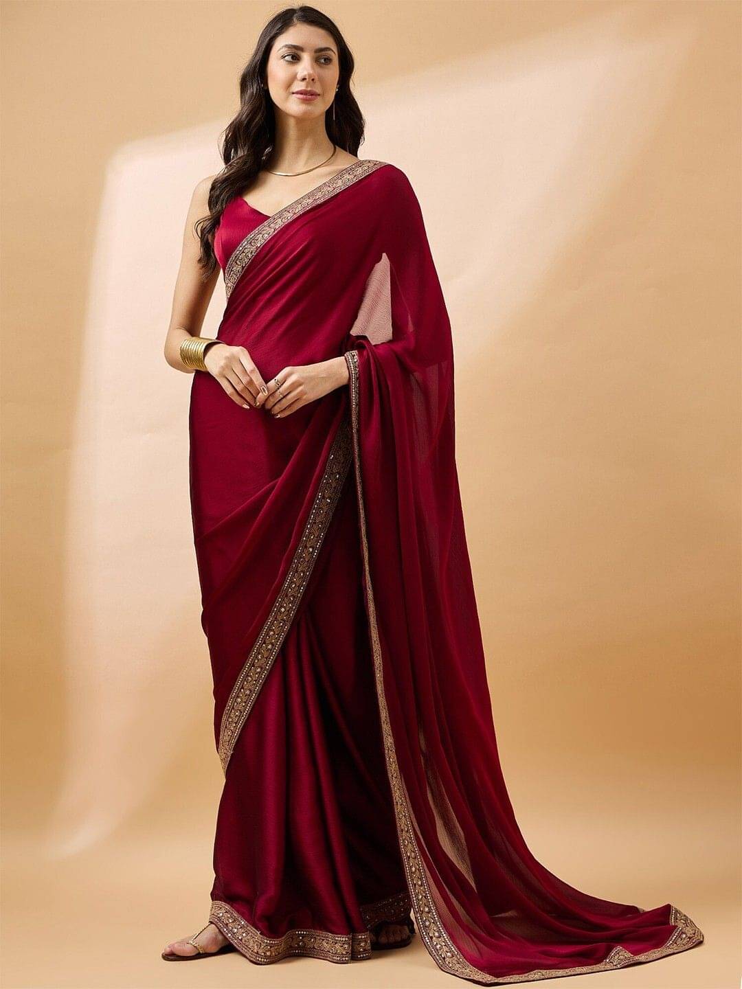 MAHAVIR CREATION Satin Solid Regular Saree With Unstitched Blouse Piece ( Red ) MAHAVIR CREATION Satin Solid Regular Saree With Unstitched Blouse Piece ( Red )