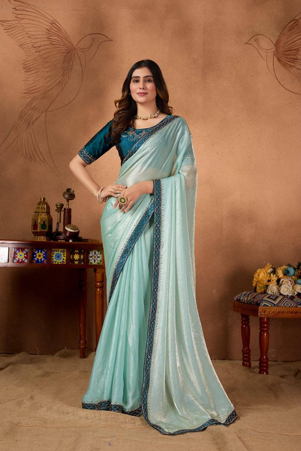 MAHAVIR CREATION Satin Woven Design Regular Saree With Unstitched Blouse Piece ( Blue ) MAHAVIR CREATION Satin Woven Design Regular Saree With Unstitched Blouse Piece ( Blue )