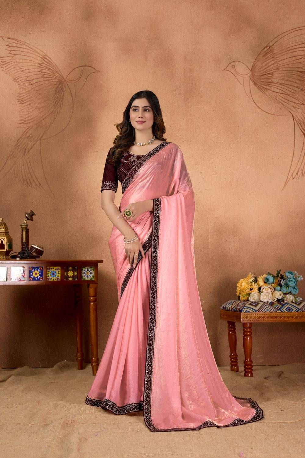 MAHAVIR CREATION Satin Woven Design Regular Saree With Unstitched Blouse Piece ( Pink ) MAHAVIR CREATION Satin Woven Design Regular Saree With Unstitched Blouse Piece ( Pink )