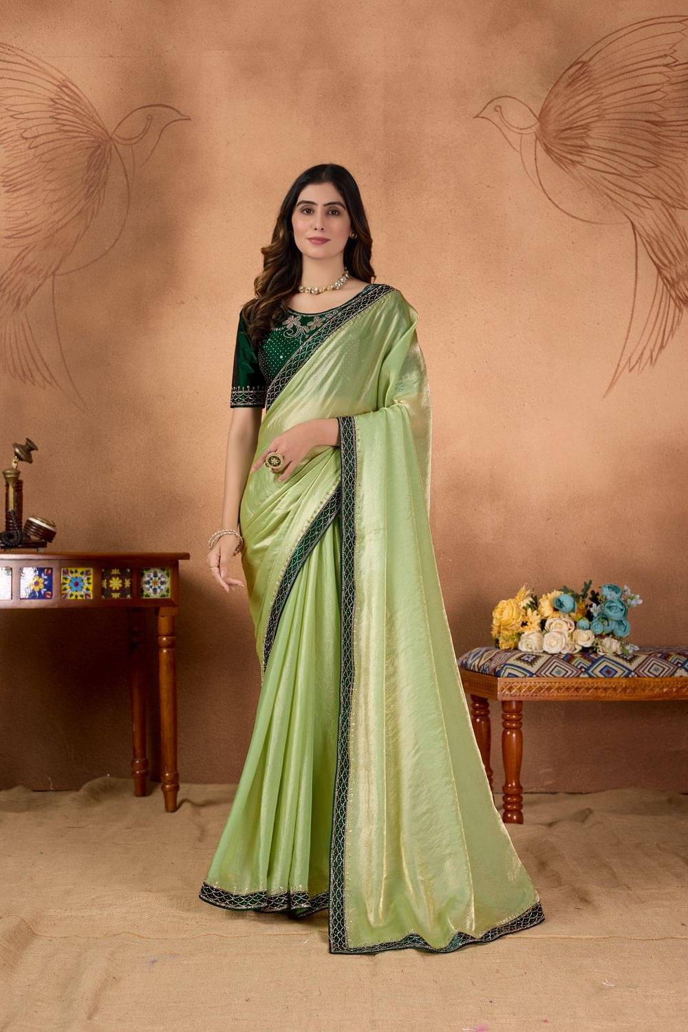     			MAHAVIR CREATION Satin Woven Design Regular Saree With Unstitched Blouse Piece ( Green )