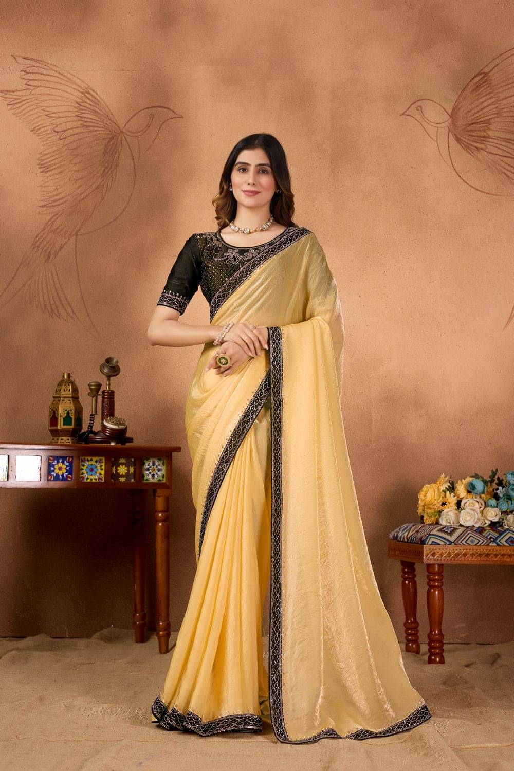 MAHAVIR CREATION Satin Woven Design Regular Saree With Unstitched Blouse Piece ( Yellow ) MAHAVIR CREATION Satin Woven Design Regular Saree With Unstitched Blouse Piece ( Yellow )