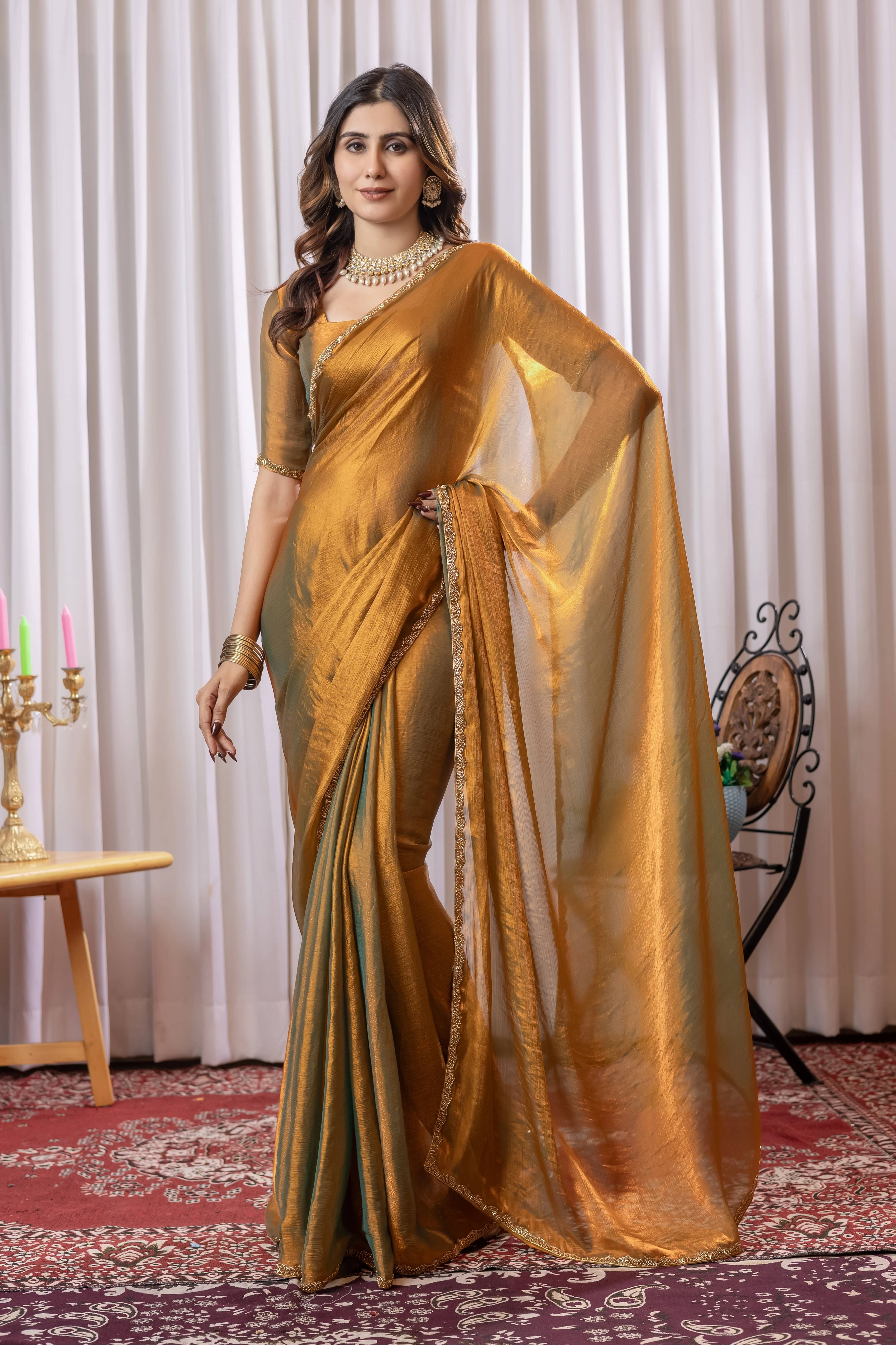 MAHAVIR CREATION Silk Blend Embellished Regular Saree With Unstitched Blouse Piece ( Gold ) MAHAVIR CREATION Silk Blend Embellished Regular Saree With Unstitched Blouse Piece ( Gold )