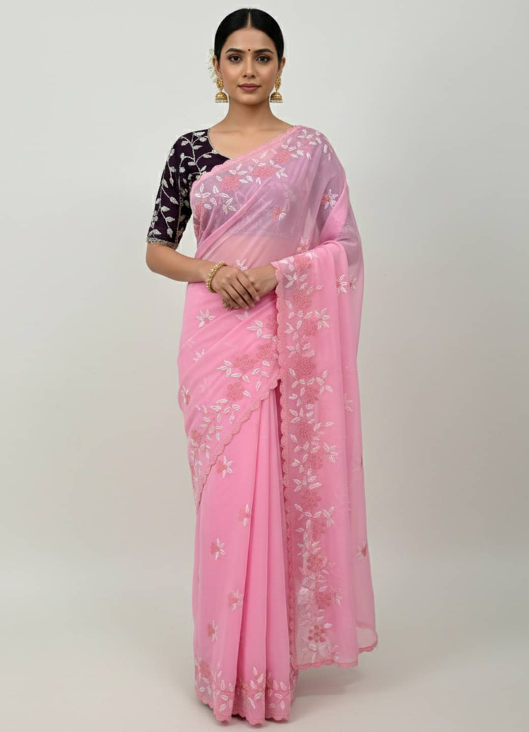 Nayanthara Trends Georgette Embroidered Regular Saree With Unstitched Blouse Piece ( Pink )     			Nayanthara Trends Georgette Embroidered Regular Saree With Unstitched Blouse Piece ( Pink )