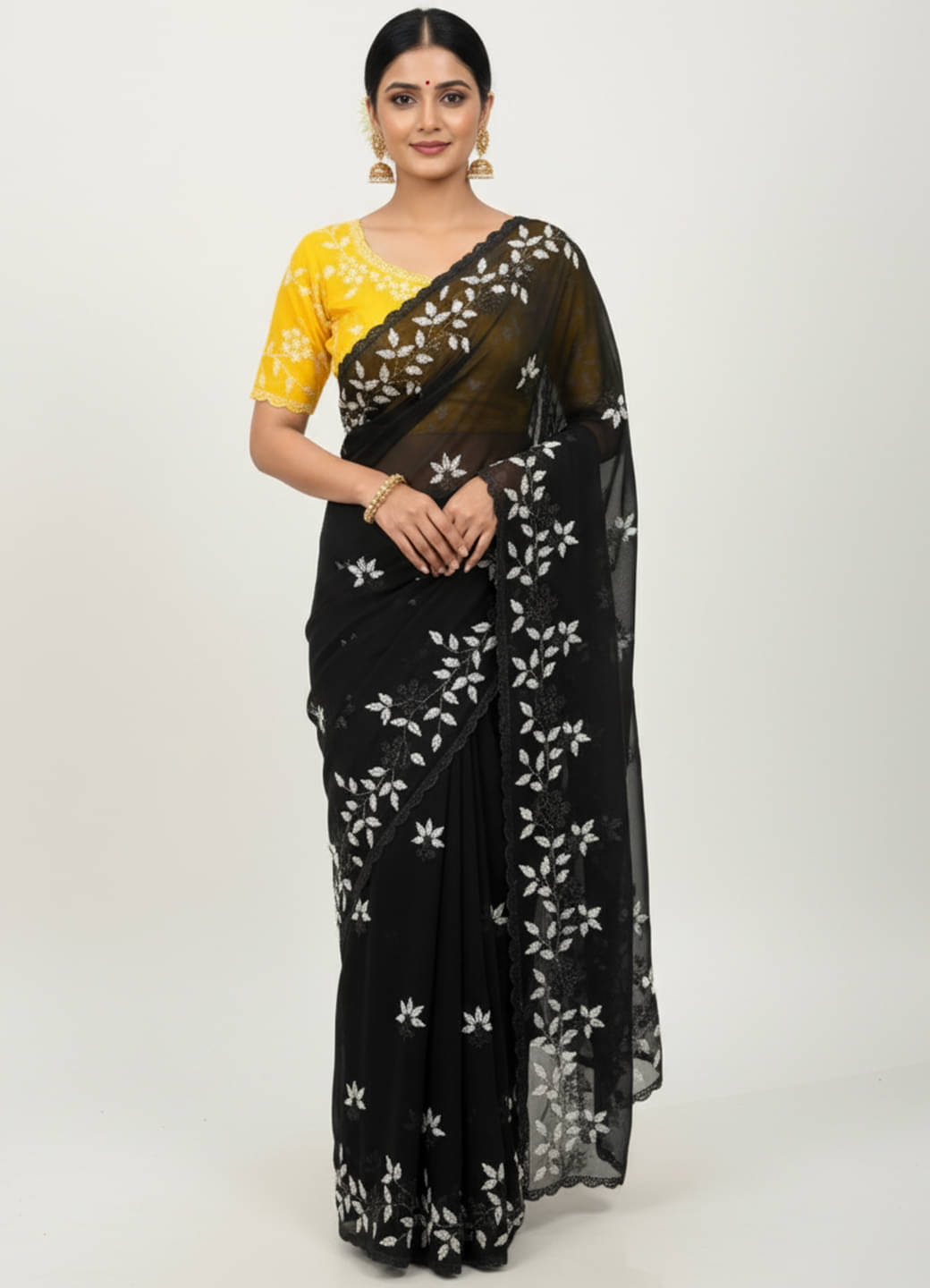 Nayanthara Trends Georgette Embroidered Regular Saree With Unstitched Blouse Piece ( Yellow ) Nayanthara Trends Georgette Embroidered Regular Saree With Unstitched Blouse Piece ( Yellow )