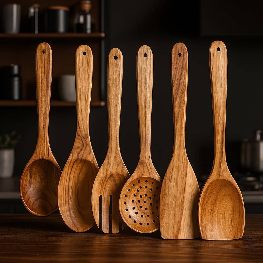 Neem Cooking Utensil Set | Regular Wooden Kitchen Tools for Cooking & Serving | Wooden Spatula, Spoons, Skimmer & Salad Server | Eco-Friendly Neem Wood Utensils (6) Neem Cooking Utensil Set | Regular Wooden Kitchen Tools for Cooking & Serving | Wooden Spatula, Spoons, Skimmer & Salad Server | Eco-Friendly Neem Wood Utensils (6)