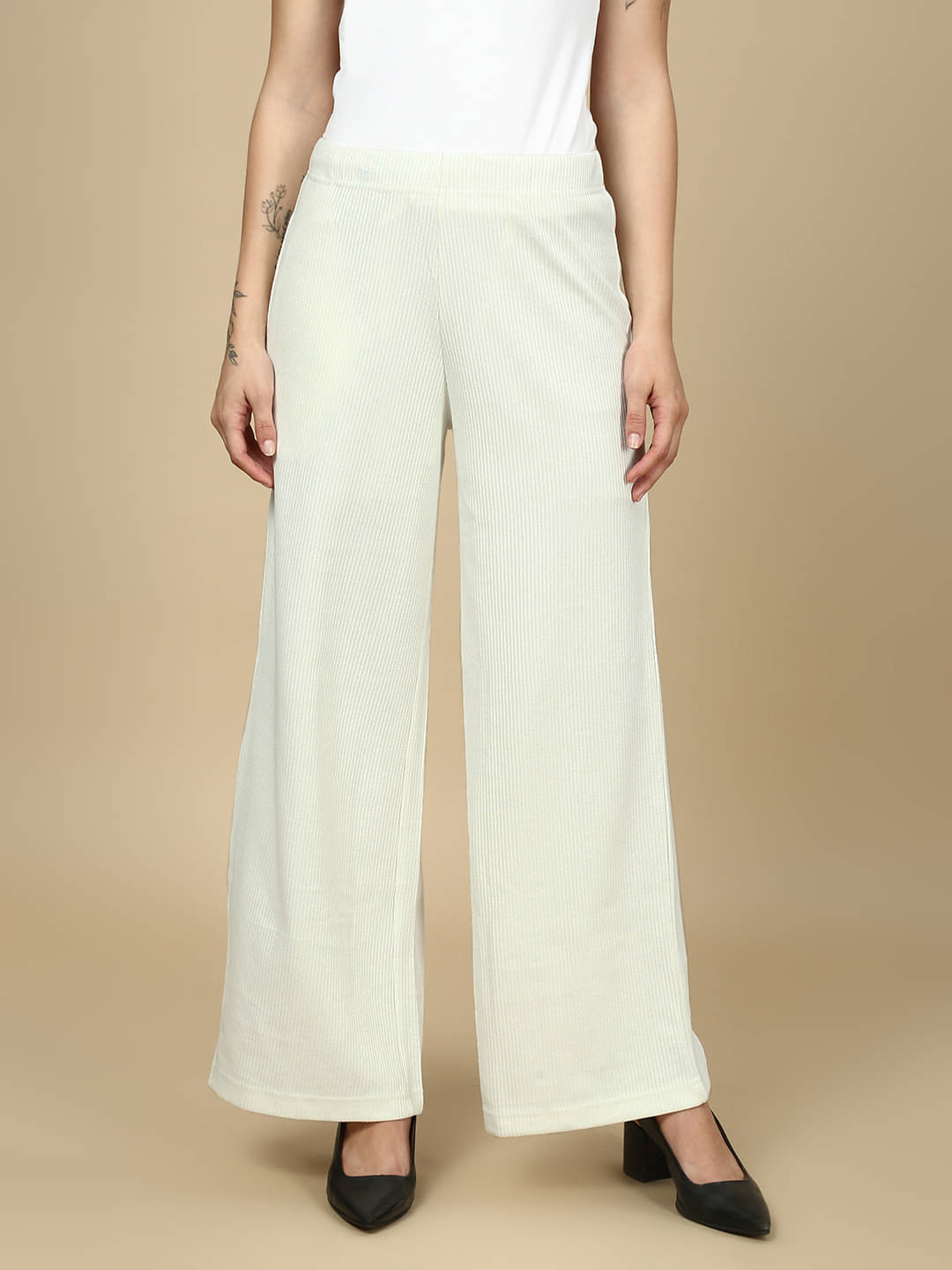 PYNK Women Cotton Blend Solid Palazzos ( Off White )     			PYNK Women Cotton Blend Solid Palazzos ( Off White )