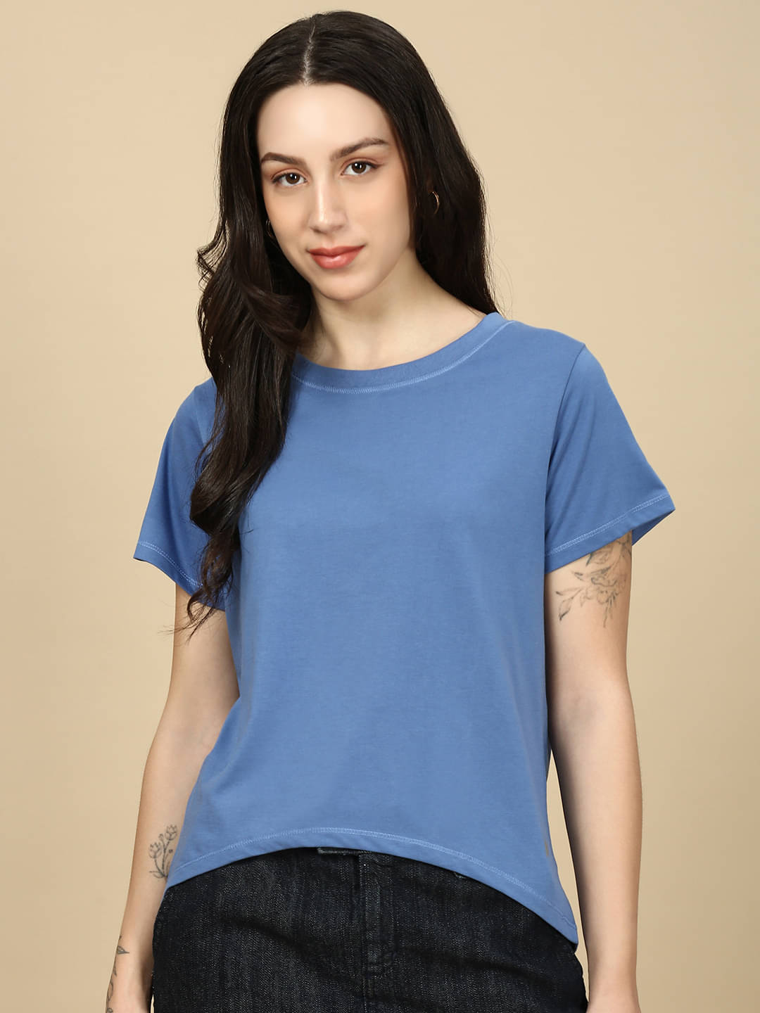     			PYNK Women Cotton Blend Solid Regular Fit Round Neck T-Shirt ( Indigo )