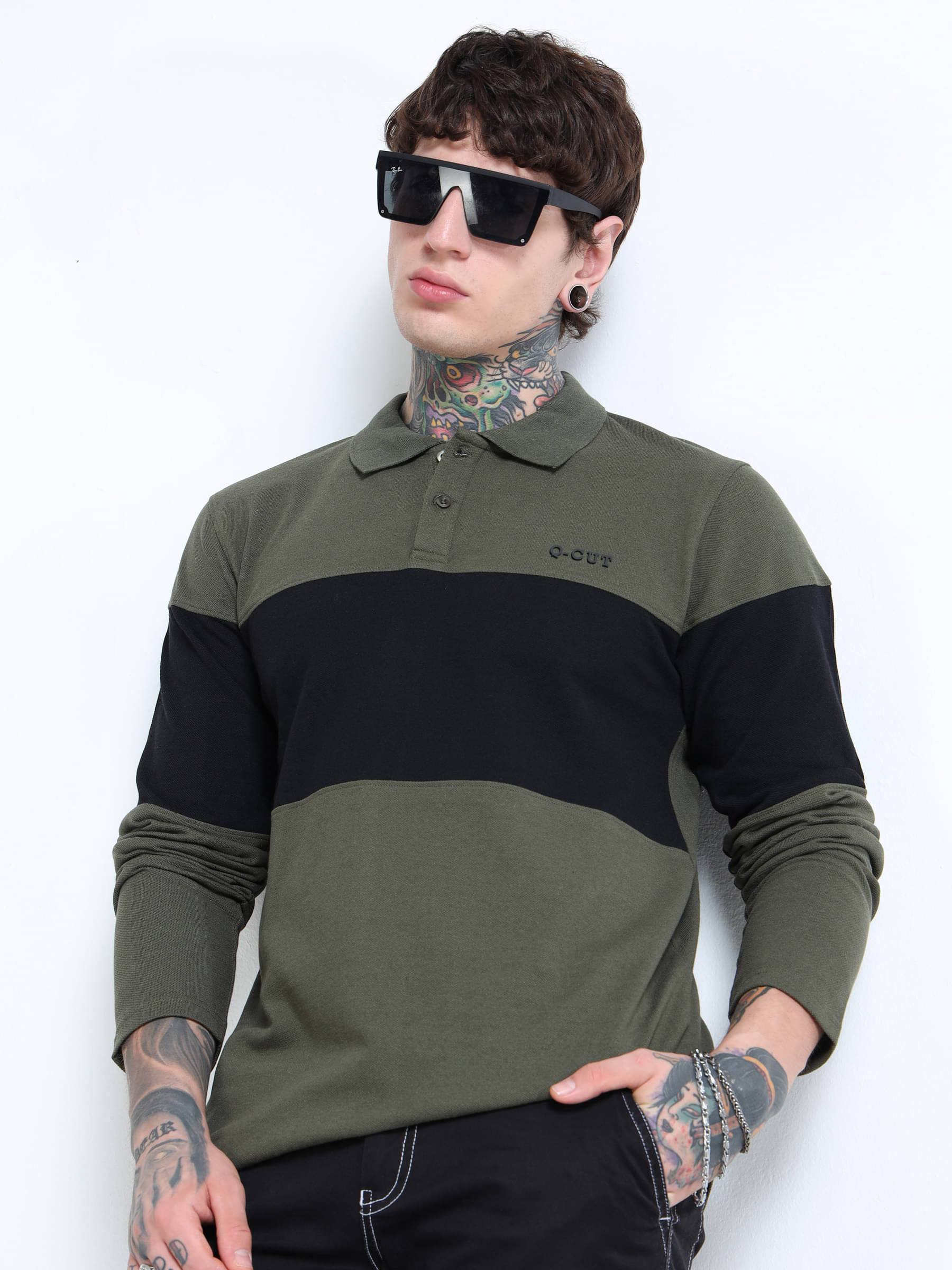 QCUT Men Cotton Blend Regular Fit Colorblock Polo T Shirt ( Olive ) QCUT Men Cotton Blend Regular Fit Colorblock Polo T Shirt ( Olive )
