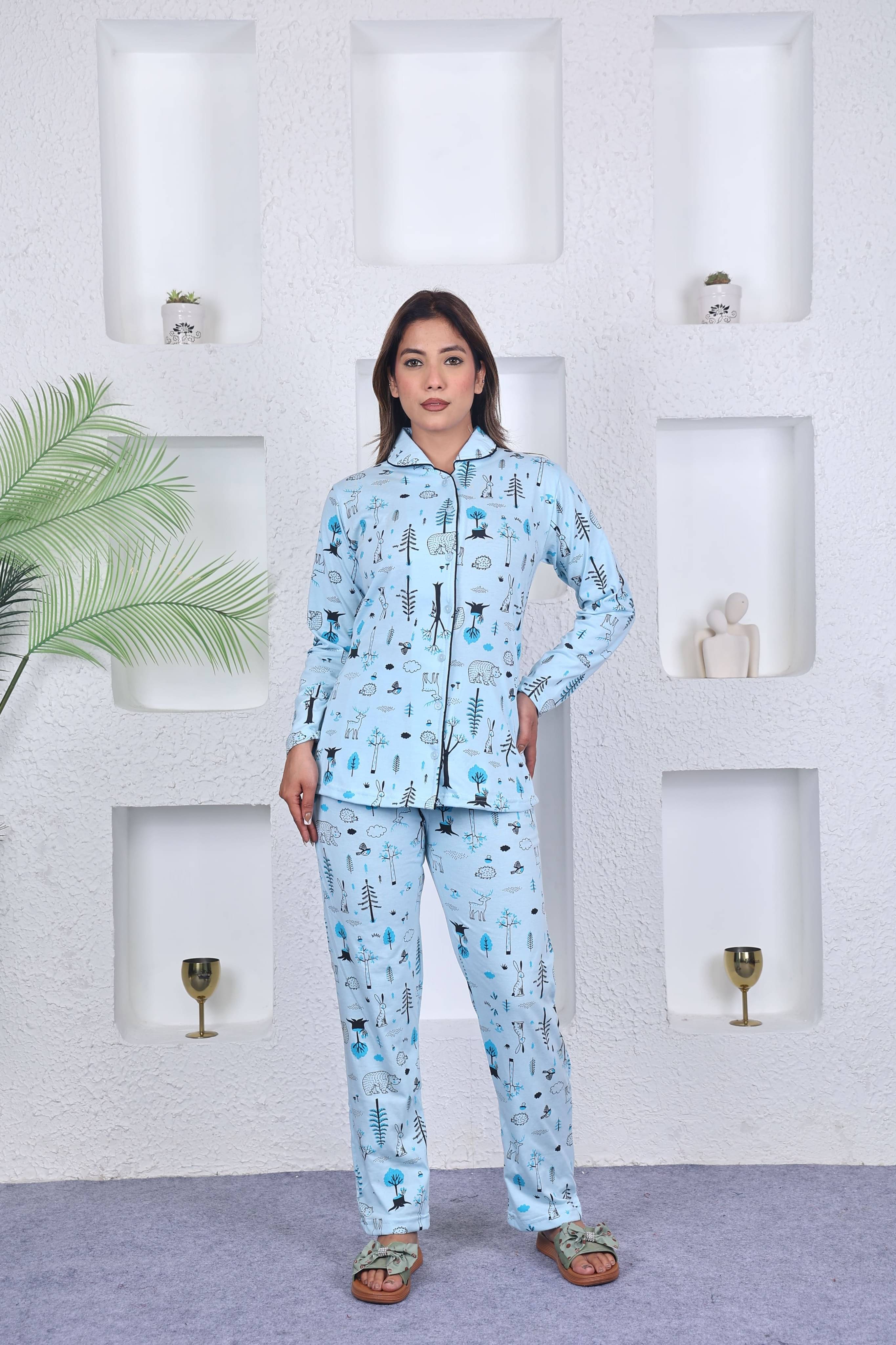     			SKYBEN Cotton Printed Women Shirt with Pyjama ( Light Blue )