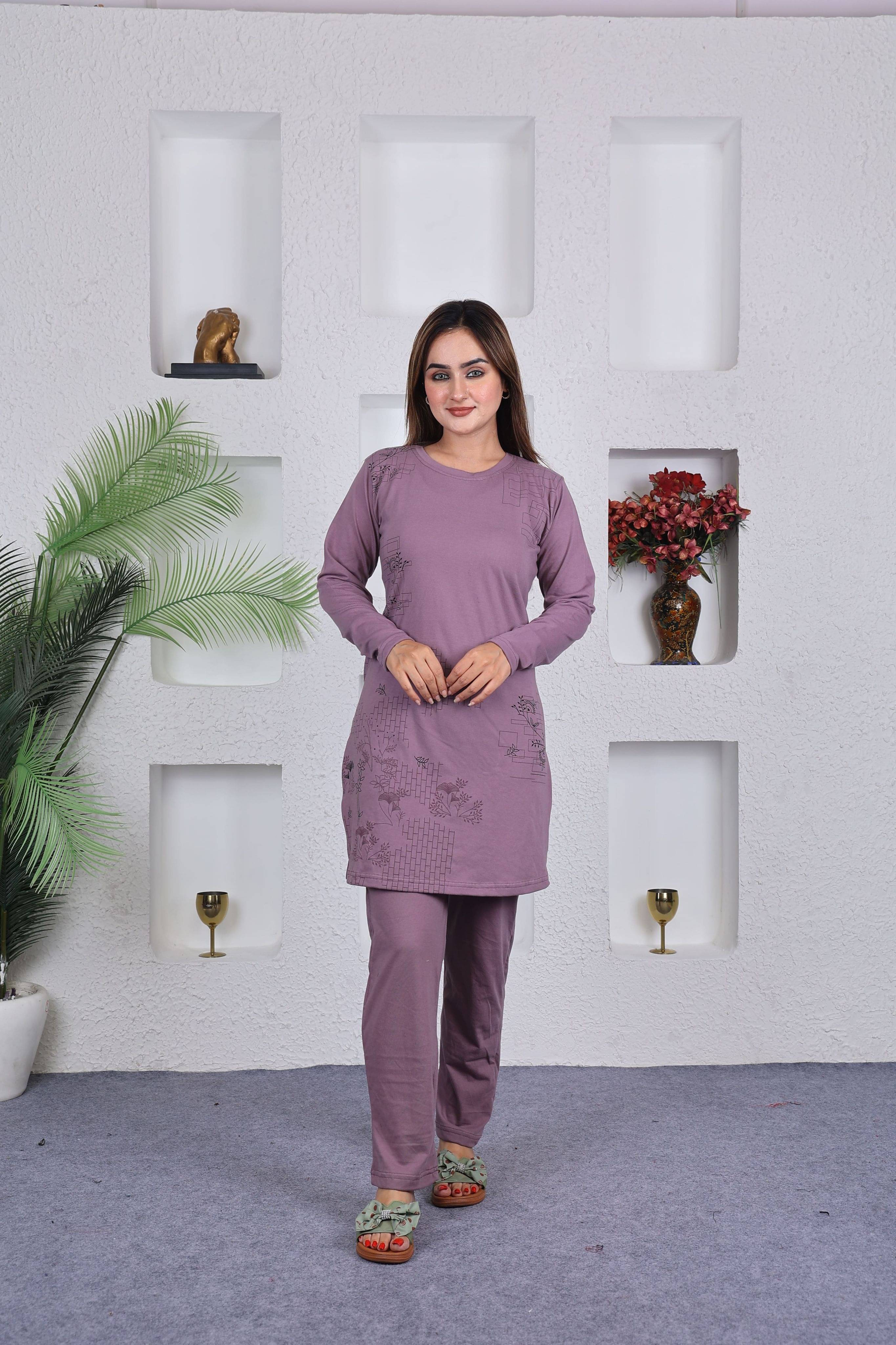     			SKYBEN Cotton Printed Women T-shirt with Pyjama ( Lavender )