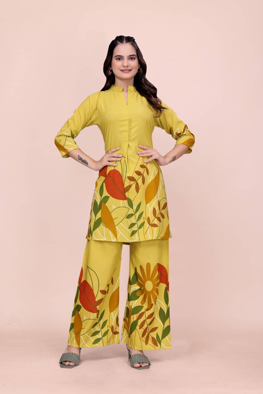 VANVAAM Women Printed Top With Trousers Co-Ord Set ( Lime Green )