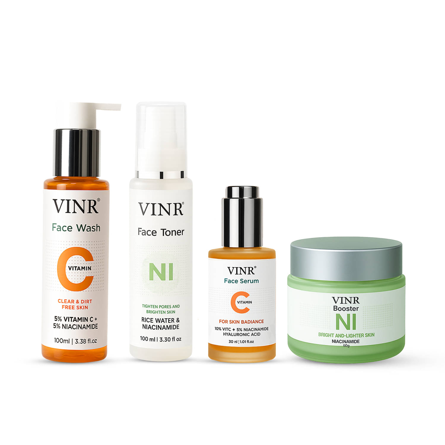 VINR Vitamin C & Niacinamide Skincare Combo | Brightening Face Wash + Dark Spot Serum + Rice Water Toner + 10% Niacinamide Moisturizer | Glowing & Hydrated Skin for Men & Women VINR Vitamin C & Niacinamide Skincare Combo | Brightening Face Wash + Dark Spot Serum + Rice Water Toner + 10% Niacinamide Moisturizer | Glowing & Hydrated Skin for Men & Women