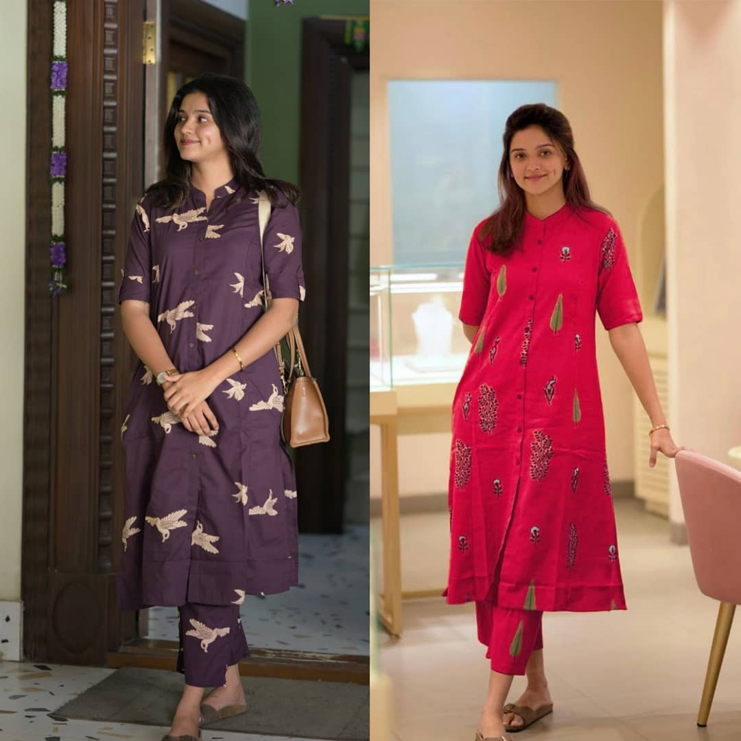 YAGNIK FASHION Women Cotton Blend Self Design A-line Kurti With Pants ( Multicolor 1 )