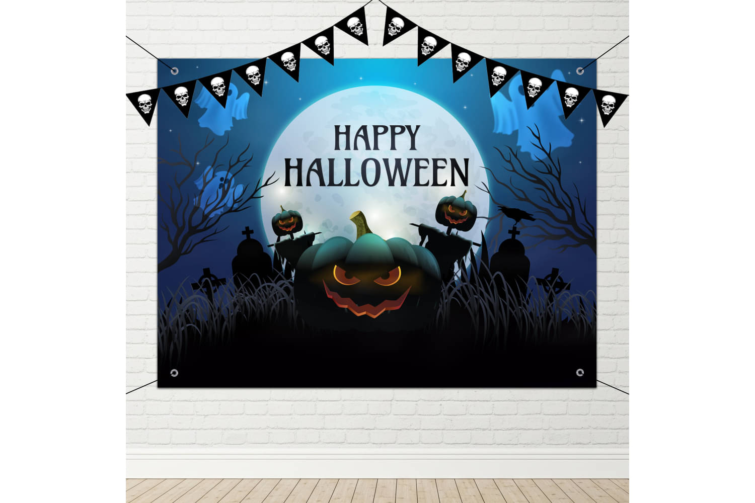 1iAM Halloween Flex (4x3ft) Decoration Pack of 26 - Blue Happy Halloween Printed Flex, Bunting Flags, Hooks & Ribbon For Wall Decor, Photoshoot Background | Perfect For Diwali, Bhoot Chaturdashi 1iAM Halloween Flex (4x3ft) Decoration Pack of 26 - Blue Happy Halloween Printed Flex, Bunting Flags, Hooks & Ribbon For Wall Decor, Photoshoot Background | Perfect For Diwali, Bhoot Chaturdashi