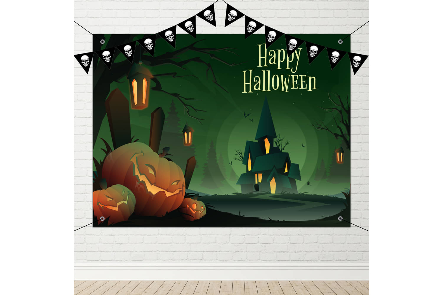     			1iAM Halloween Flex (4x3ft) Decoration Pack of 26 - Green Happy Halloween Printed Flex, Bunting Flags, Hooks & Ribbon For Wall Decor, Photoshoot Background | Perfect For Diwali, Bhoot Chaturdashi