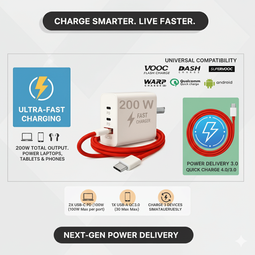     			200W Super Fast Charger | Triple Port PD + QC 3.0 | Universal Adapter for Android, iPhone, Laptop | Supports VOOC, WARP, DASH, SUPERVOOC & Qualcomm Quick Charge | Type-C Fast Charging Adapter