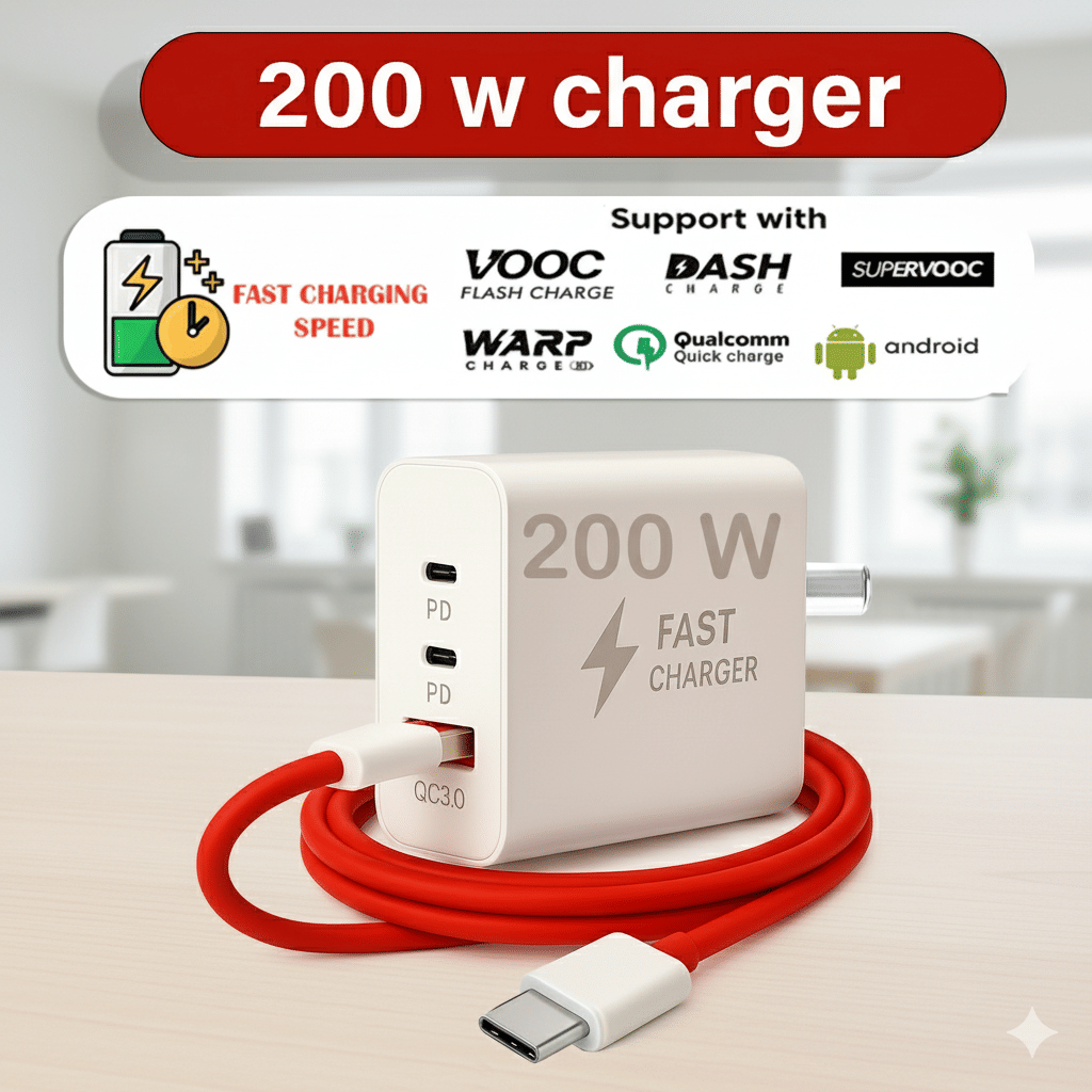     			200W Super Fast Charger | Triple Port PD + QC 3.0 | Universal Adapter for Android, iPhone, Laptop | Supports VOOC, WARP, DASH, SUPERVOOC & Qualcomm Quick Charge | Type-C Fast Charging Adapter
