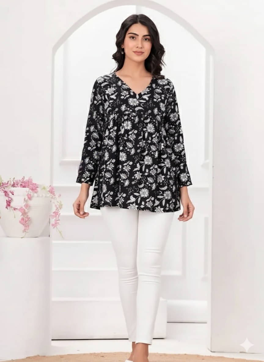 Art India Women Viscose Printed Flared Kurti ( Black ) Art India Women Viscose Printed Flared Kurti ( Black )