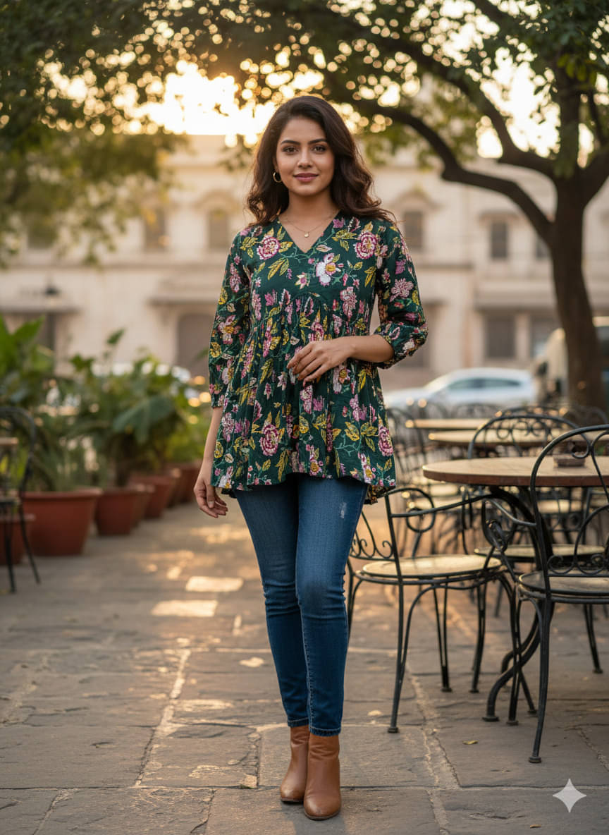 Art India Women Viscose Rayon Printed Flared Kurti ( Green ) Art India Women Viscose Rayon Printed Flared Kurti ( Green )