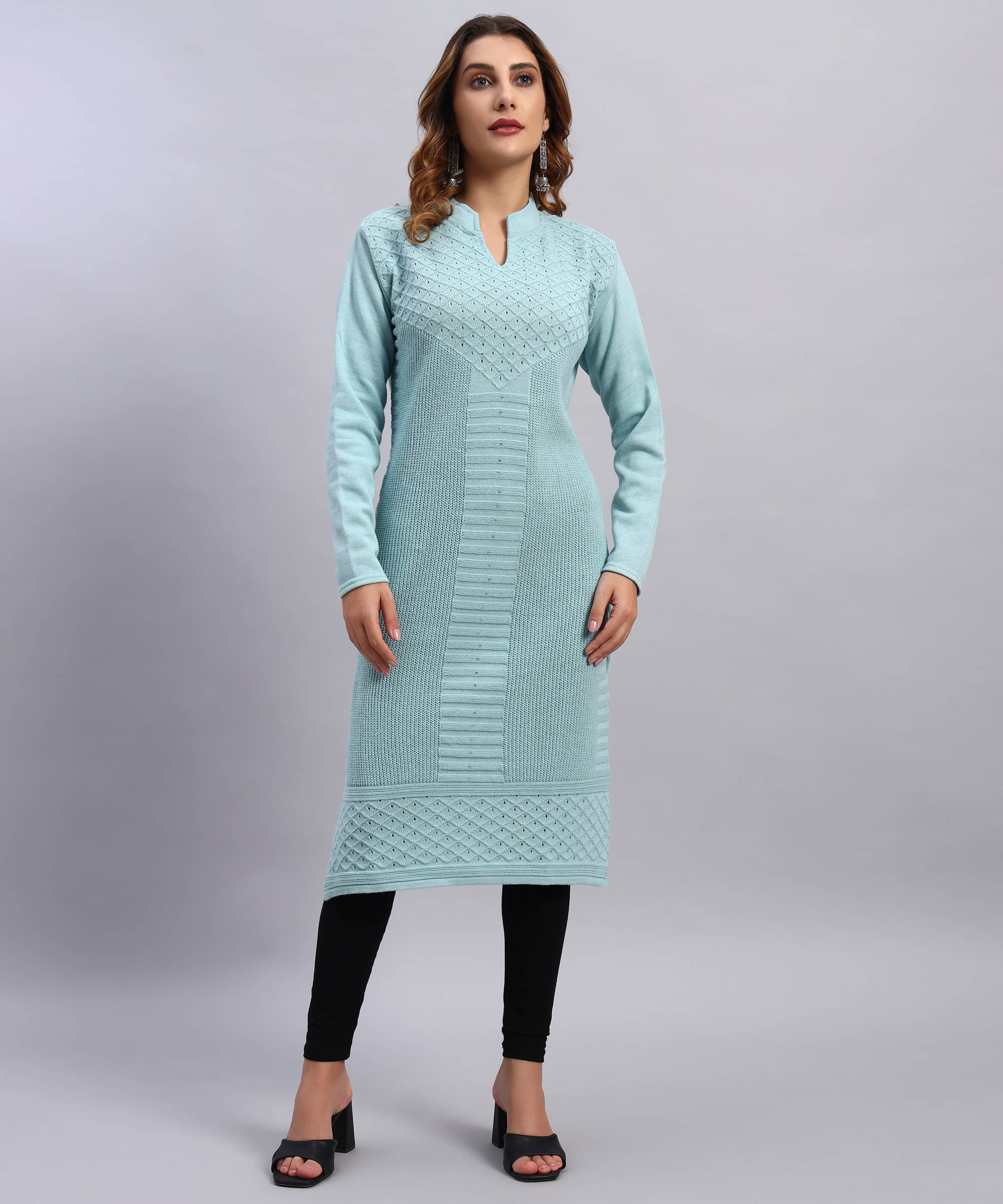 DRESSBASE Women Woollen Self Design Straight Kurti ( Light Blue ) DRESSBASE Women Woollen Self Design Straight Kurti ( Light Blue )