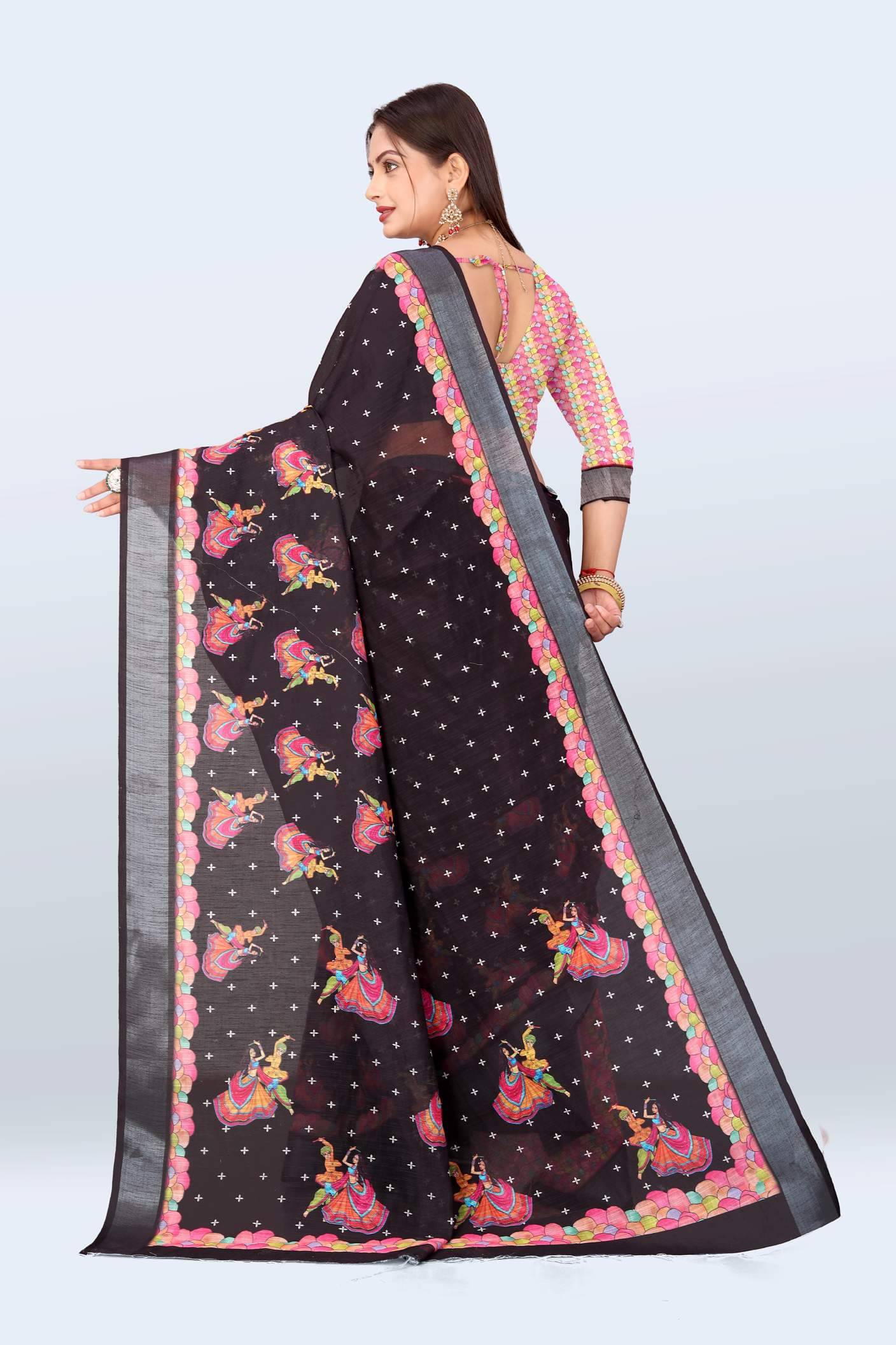 Ethnic Trendz Cotton Printed Regular Saree With Unstitched Blouse Piece ( Black )     			Ethnic Trendz Cotton Printed Regular Saree With Unstitched Blouse Piece ( Black )