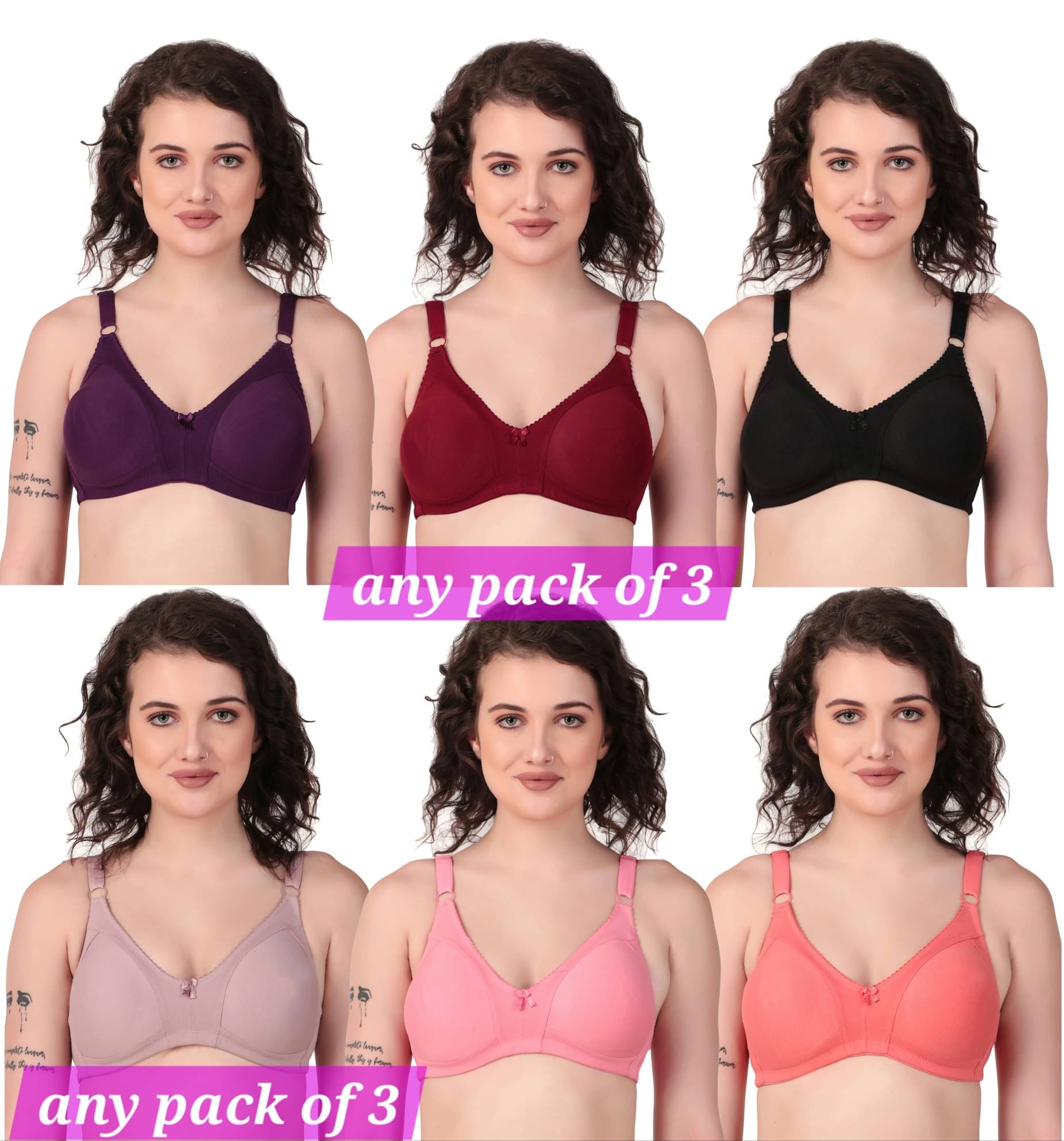     			Jd Fashion Pack of 3 Cotton Blend Non Padded Everyday Bra For Women ( Multicolor )