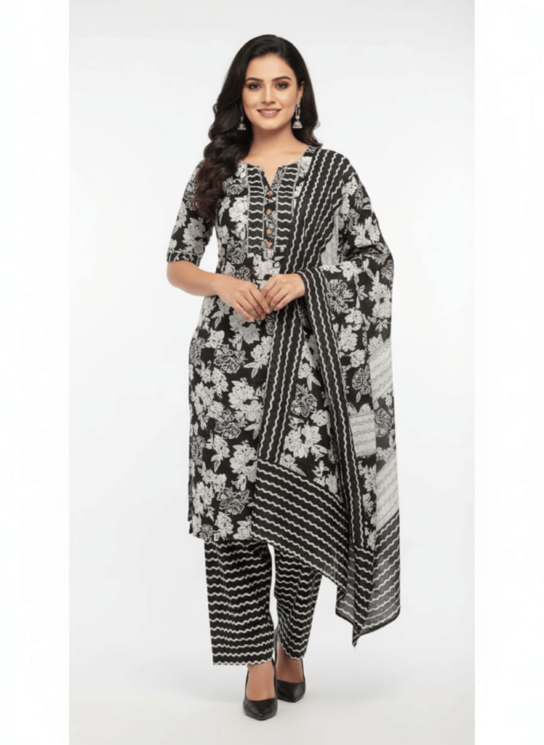 Nafee Designers Women Cotton Printed Straight Kurti With Salwar ( Black )     			Nafee Designers Women Cotton Printed Straight Kurti With Salwar ( Black )
