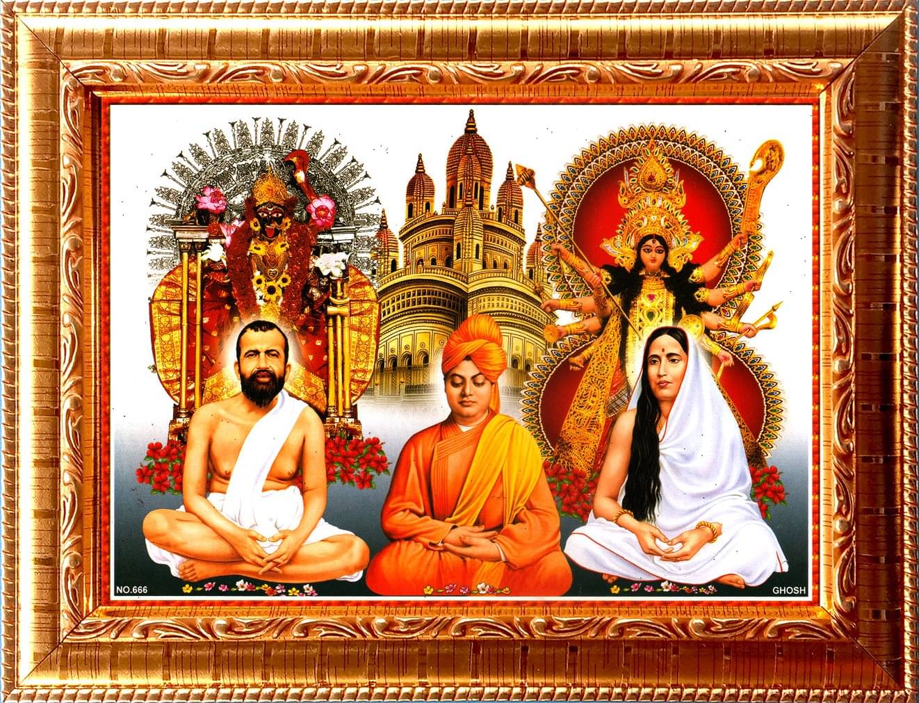 RAMKRISHNA SARADA VIVEKANANDA WITH KALI & DURGA MATA Golden Photo Frame with 8.75 inch (Width) x 6.75 inch (Length) inch Photo fitted With Wall Hanging Mount RAMKRISHNA SARADA VIVEKANANDA WITH KALI & DURGA MATA Golden Photo Frame with 8.75 inch (Width) x 6.75 inch (Length) inch Photo fitted With Wall Hanging Mount